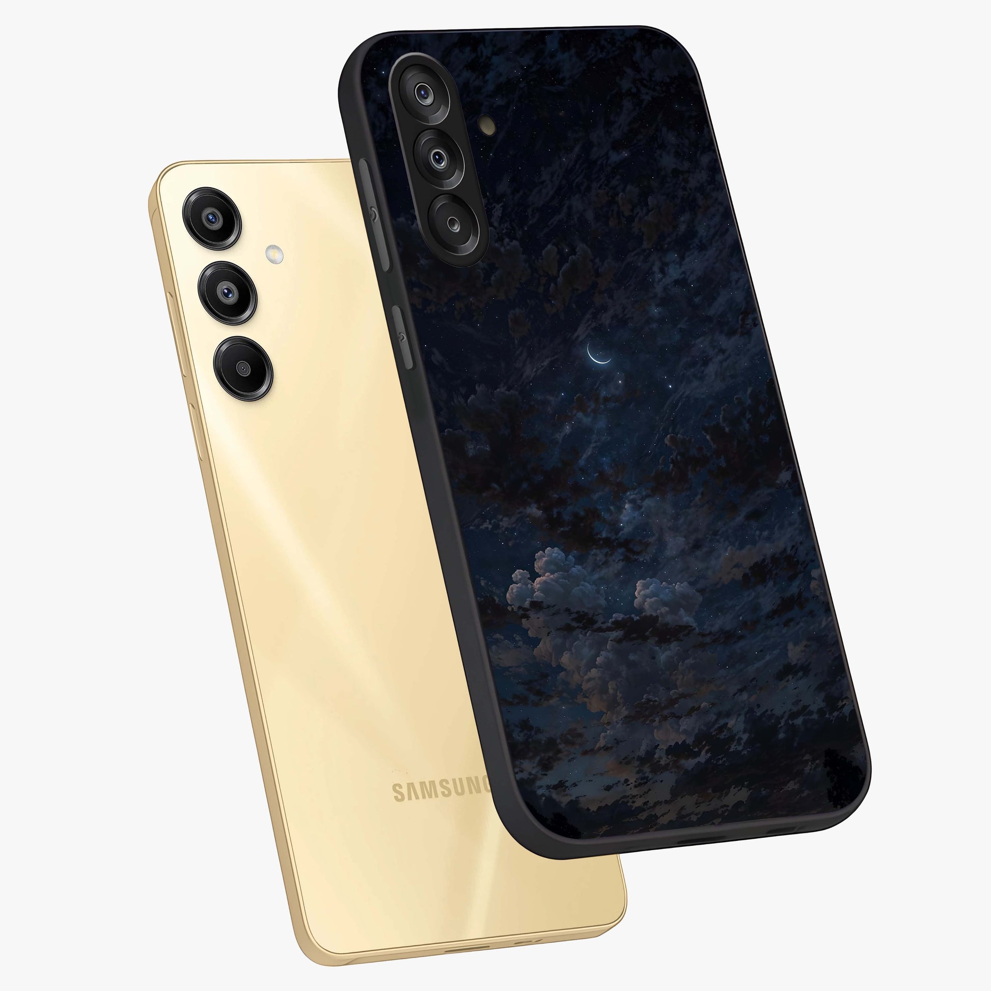 Lunar Veil Silence Glass Case displayed in angled mockup highlighting soft lunar design with peaceful celestial aesthetic.