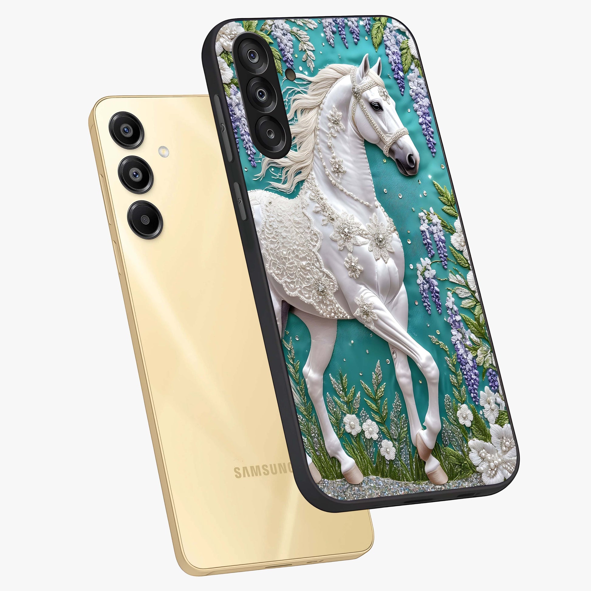 Majestic Floral Stallion Glass Case displayed in angled mockup highlighting majestic stallion illustration with elegant floral aesthetic.