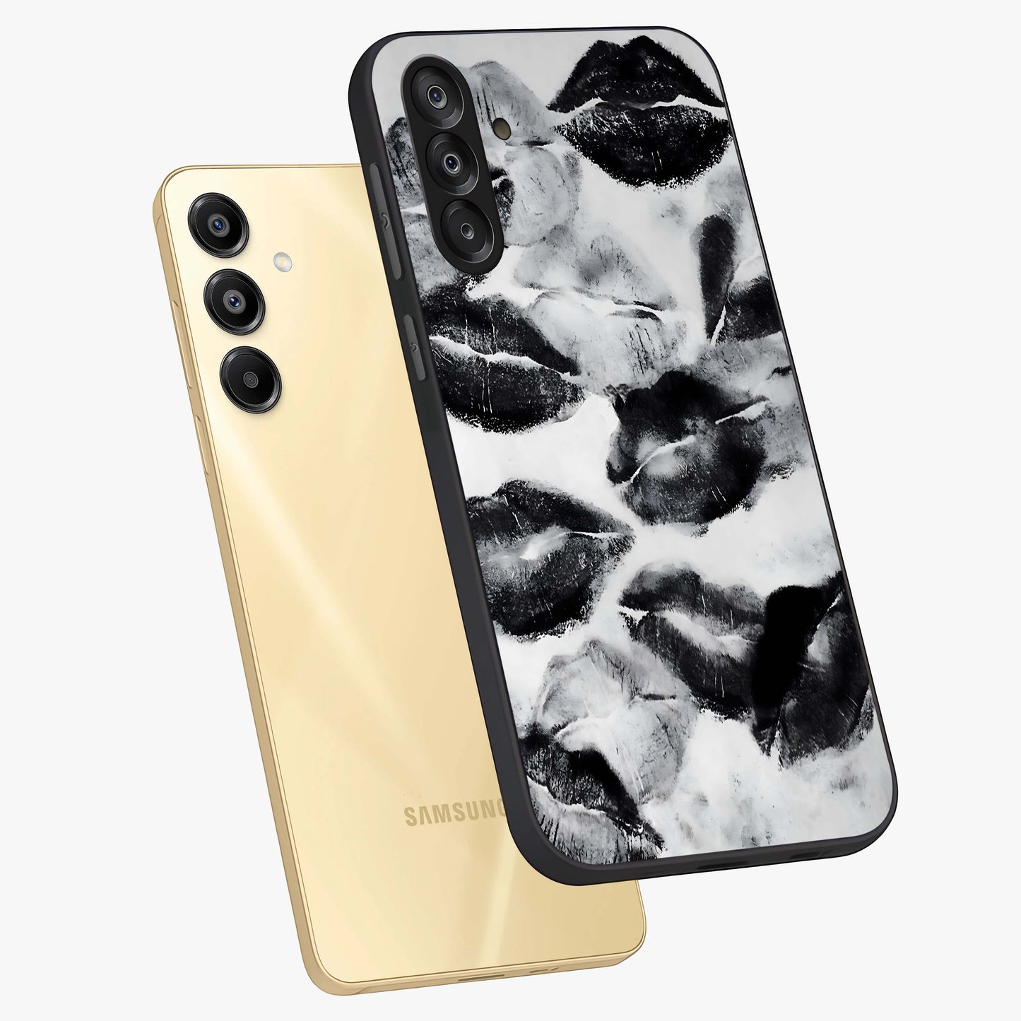 Midnight Kiss Marks Glass Case displayed in angled mockup highlighting playful romantic design with bold midnight aesthetic.
