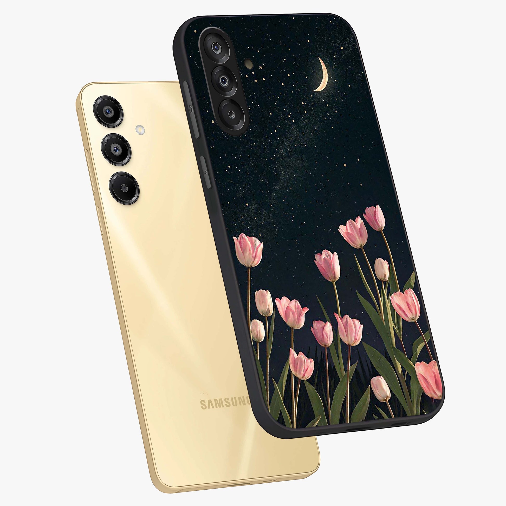 Midnight Tulip Whispers Vibe Glass Case displayed in angled mockup highlighting delicate tulip design with midnight floral aesthetic.