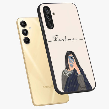 Mirror Mood Muse With Custom Name Glass Case displayed in angled mockup highlighting aesthetic mirror inspired design with custom name feature.