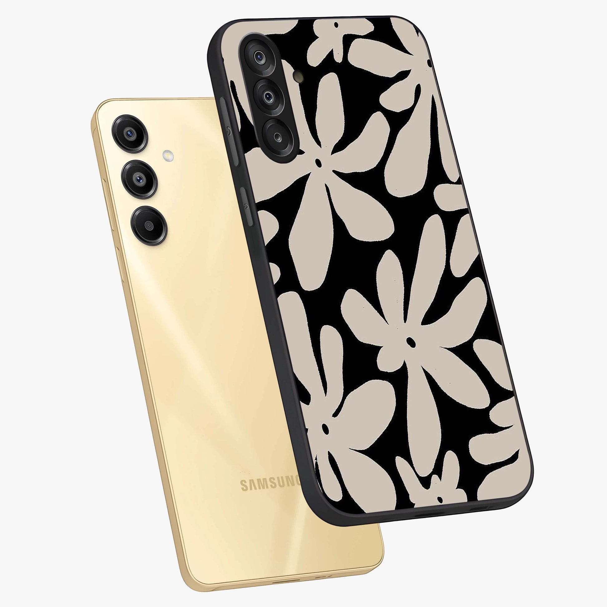 Monochrome Petal Dance Glass Case displayed in angled mockup highlighting elegant petal design with black and white aesthetic.