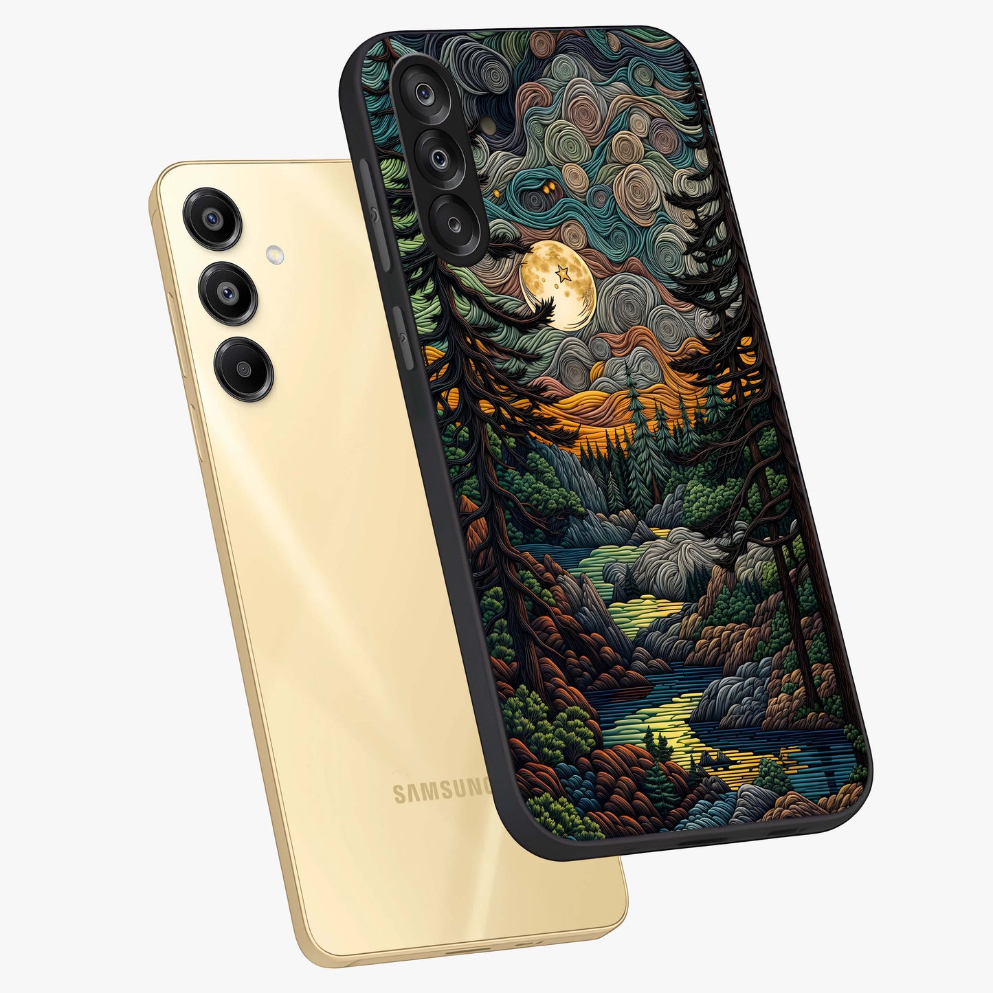 Moonlight Forest Dream Glass Case displayed in angled mockup highlighting dreamy forest design with glowing moon aesthetic.