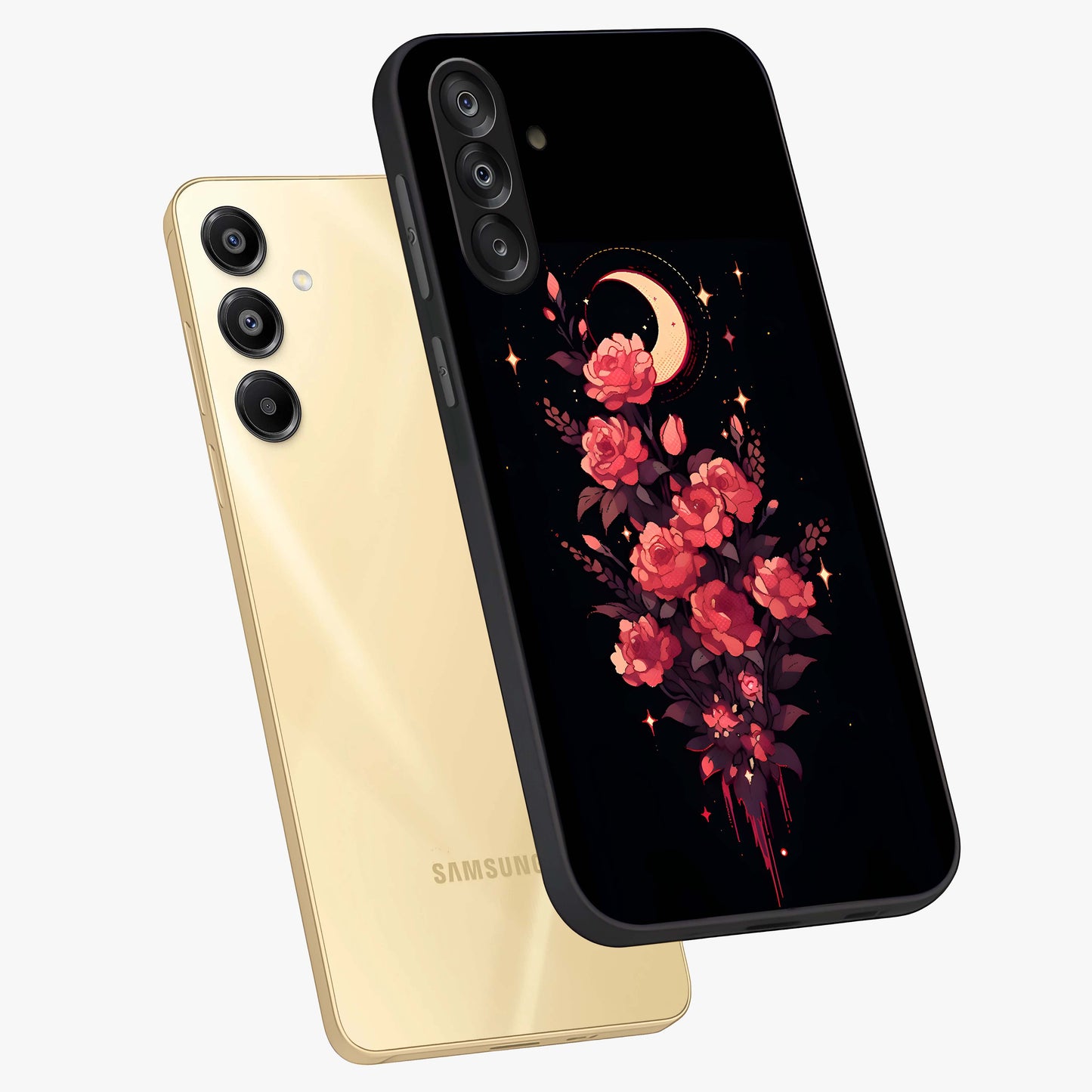 Moonlit Floral Elegance Glass Case displayed in angled mockup highlighting graceful flower design with soft moonlight aesthetic.