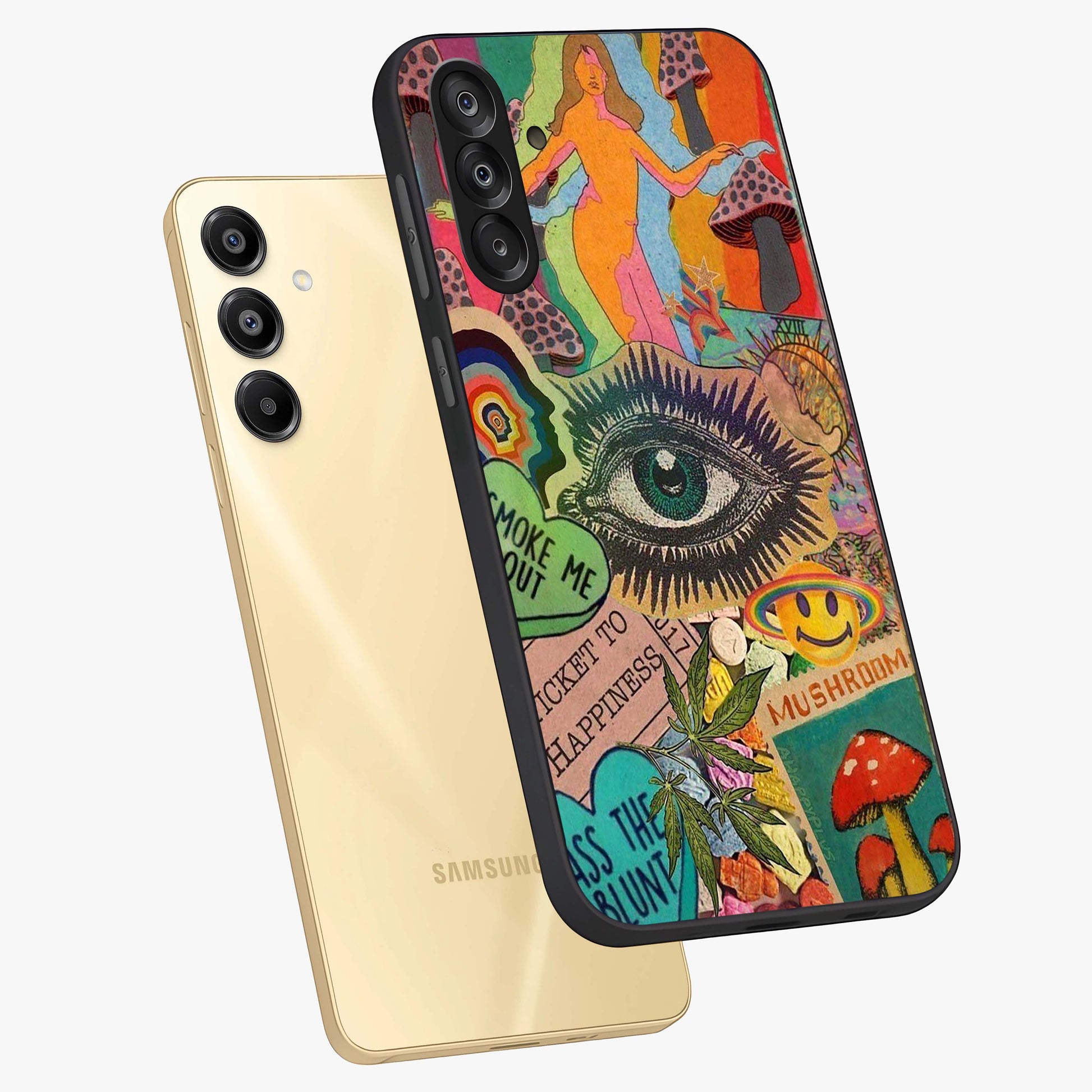 Mystic Eye Wonderland Glass Case displayed in angled mockup highlighting magical eye illustration with dreamy aesthetic.