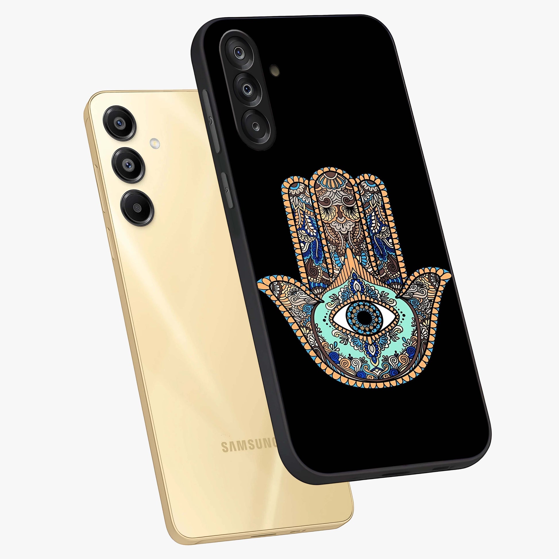 Mystic Hamsa Eye Glass Case displayed in angled mockup highlighting spiritual hamsa symbol with mystical aesthetic style.