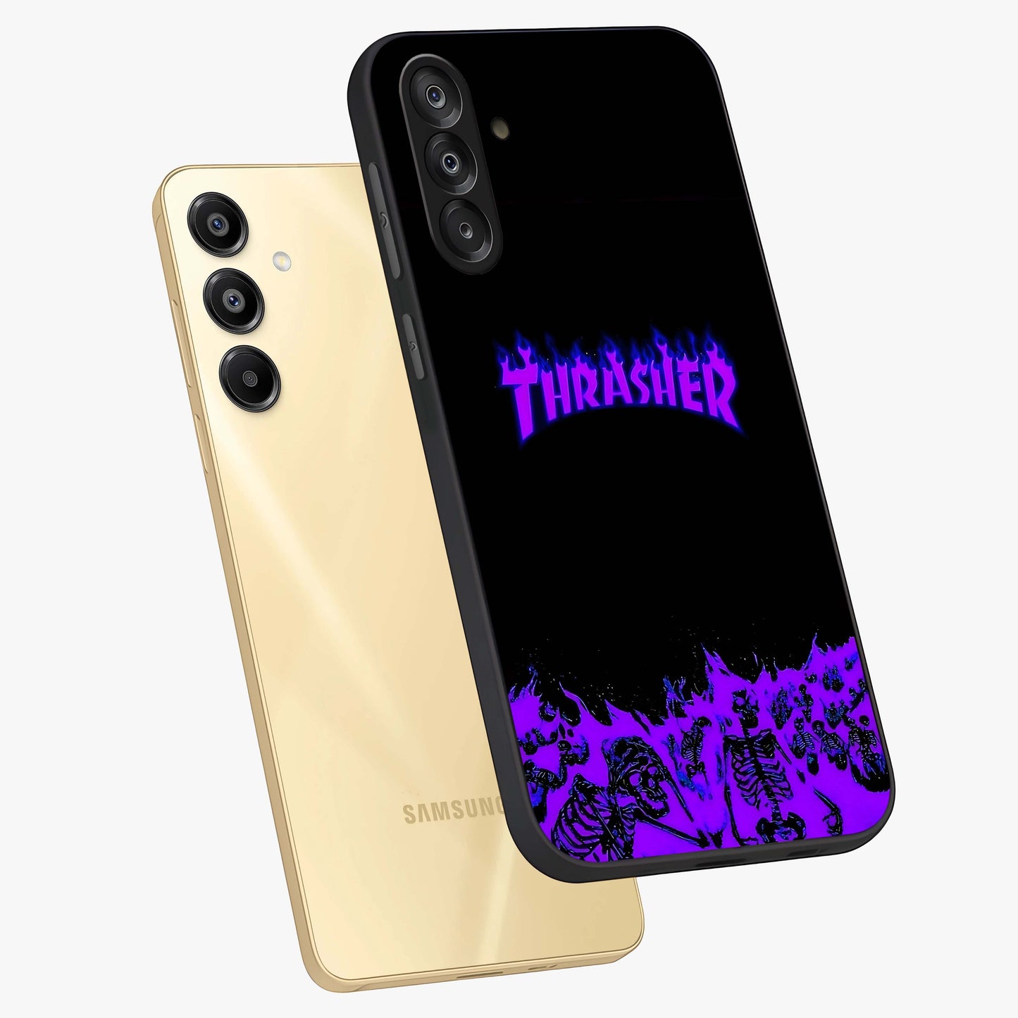 Neon Flame Riot Glass Case displayed in angled mockup highlighting glowing flame design with vibrant neon aesthetic.