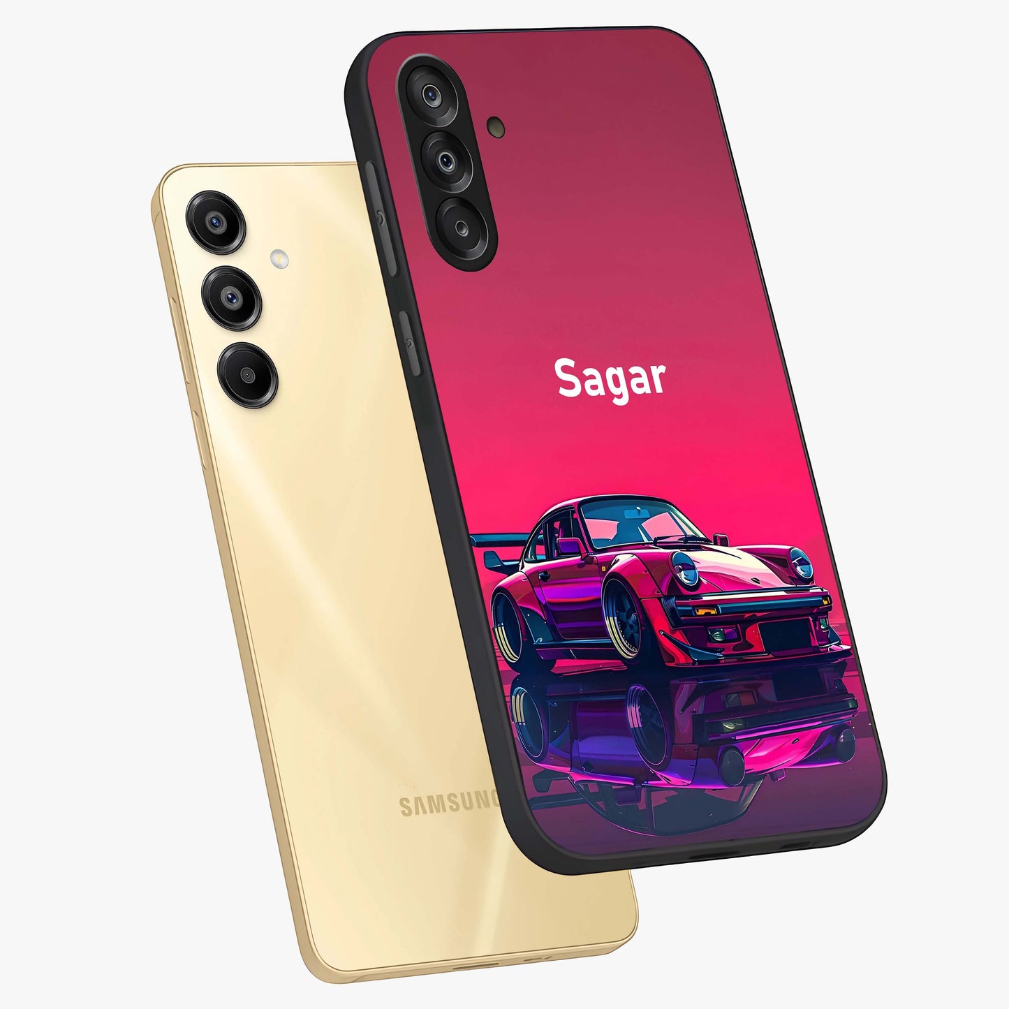 Neon Pink Porsche Glass Case displayed in angled mockup highlighting sleek neon pink car design with racing aesthetic.
