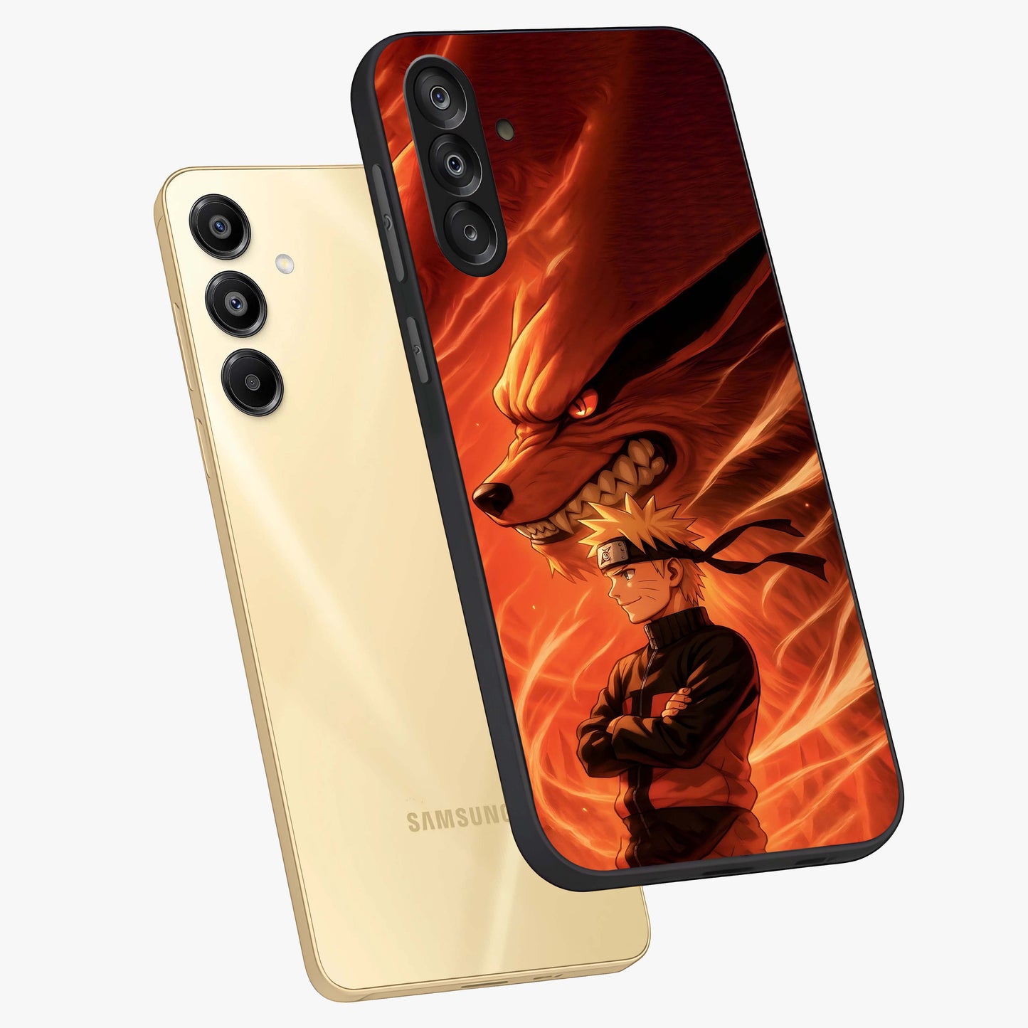 Nine Tails Legacy Glass Case displayed in angled mockup highlighting dynamic anime beast illustration with bold mystical aesthetic.