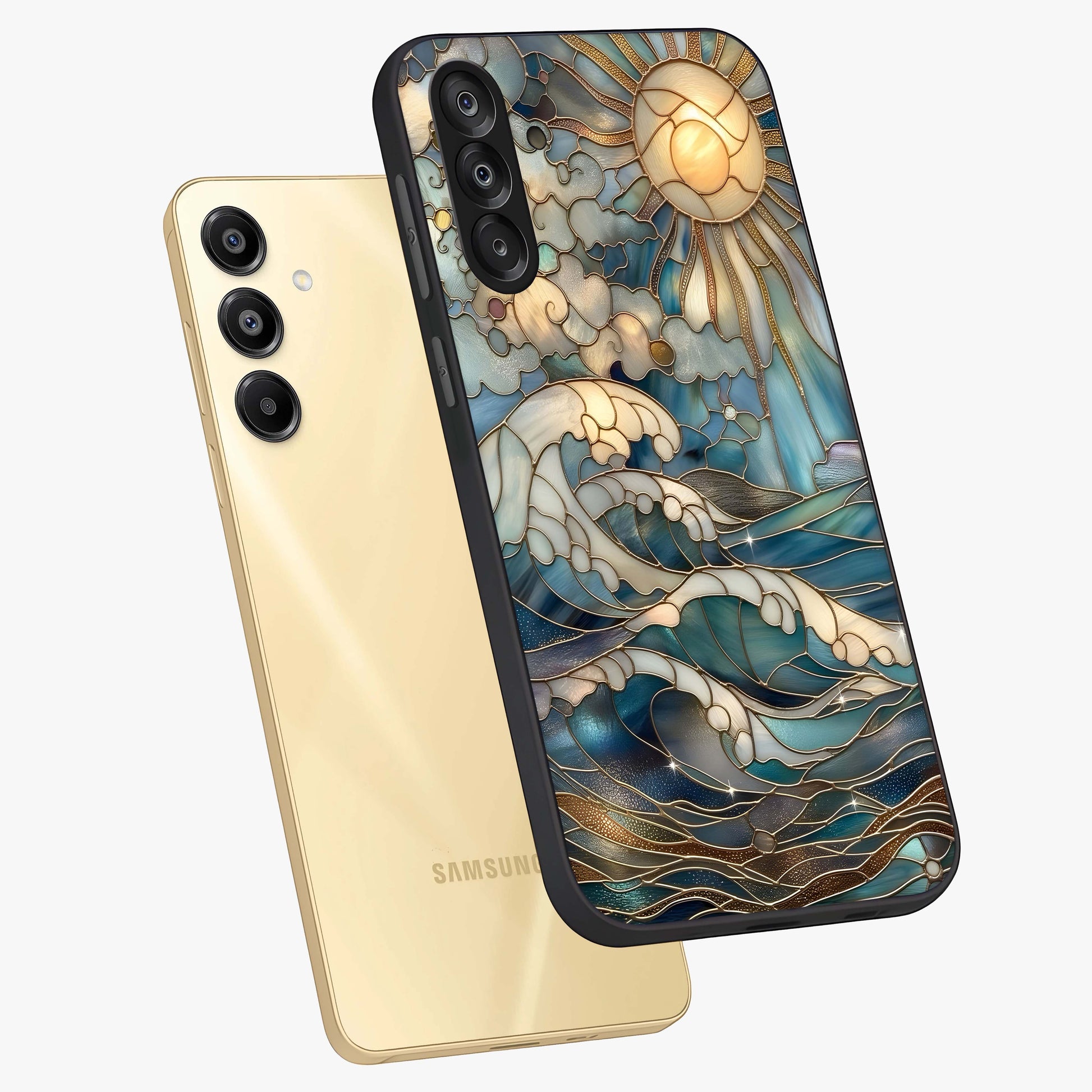 Oceanic Stained Printed Glass Case displayed in angled mockup highlighting colorful aquatic design with artistic aesthetic style.