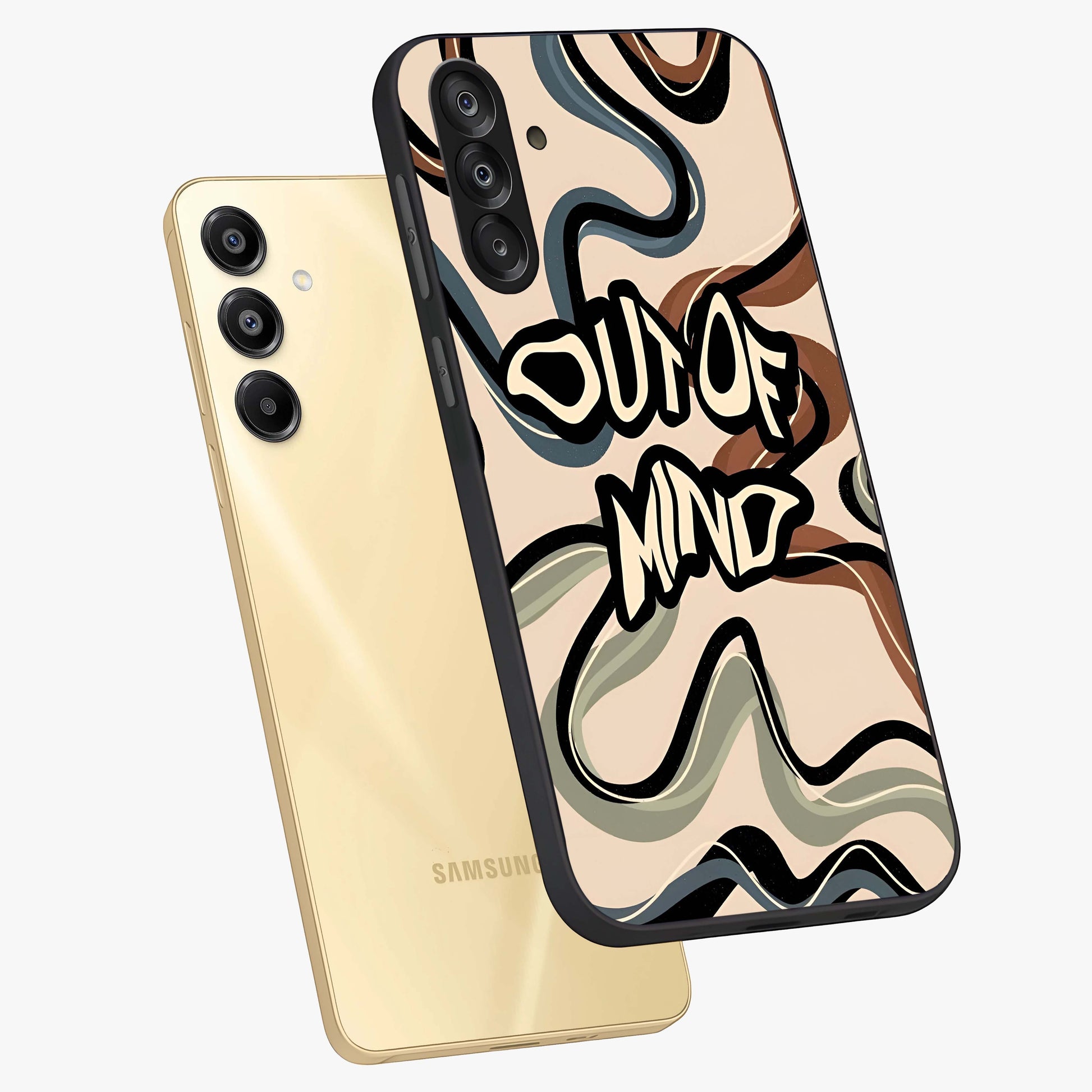 Out Of Mind Glass Case displayed in angled mockup highlighting bold statement design with modern artistic aesthetic.