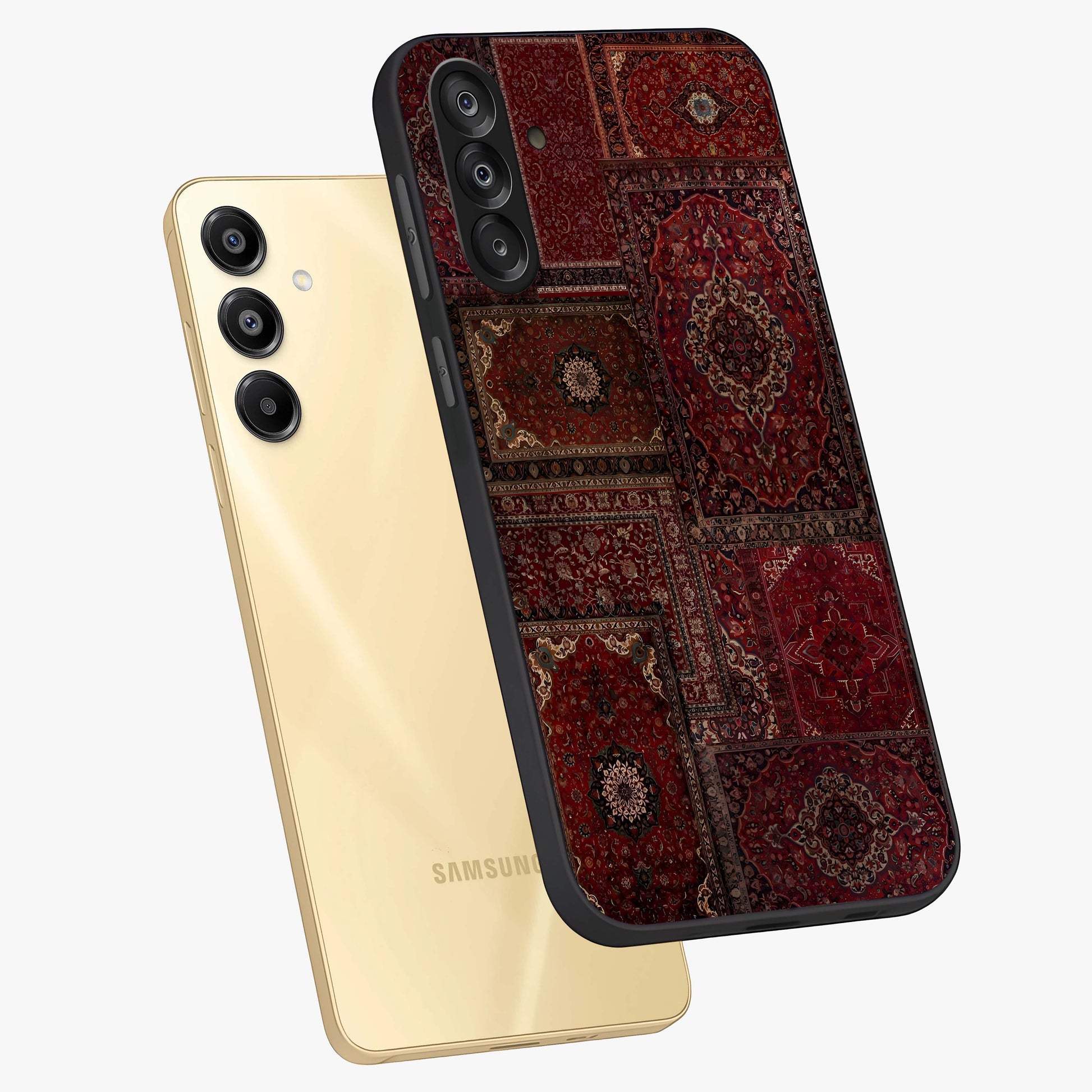Persian Velvet Tale Glass Case displayed in angled mockup highlighting ornate textile inspired design with royal aesthetic.