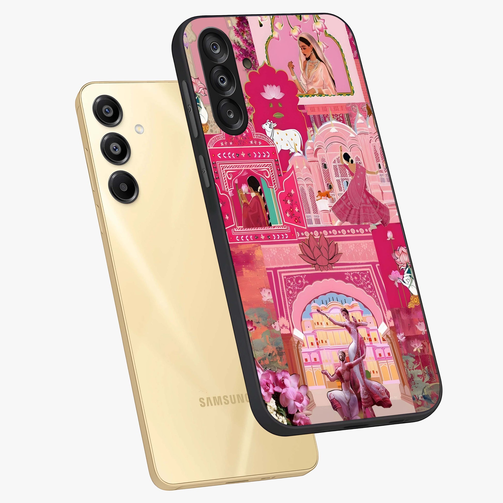 Pink Palace Muse Glass Case displayed in angled mockup highlighting dreamy palace illustration with soft pink aesthetic.