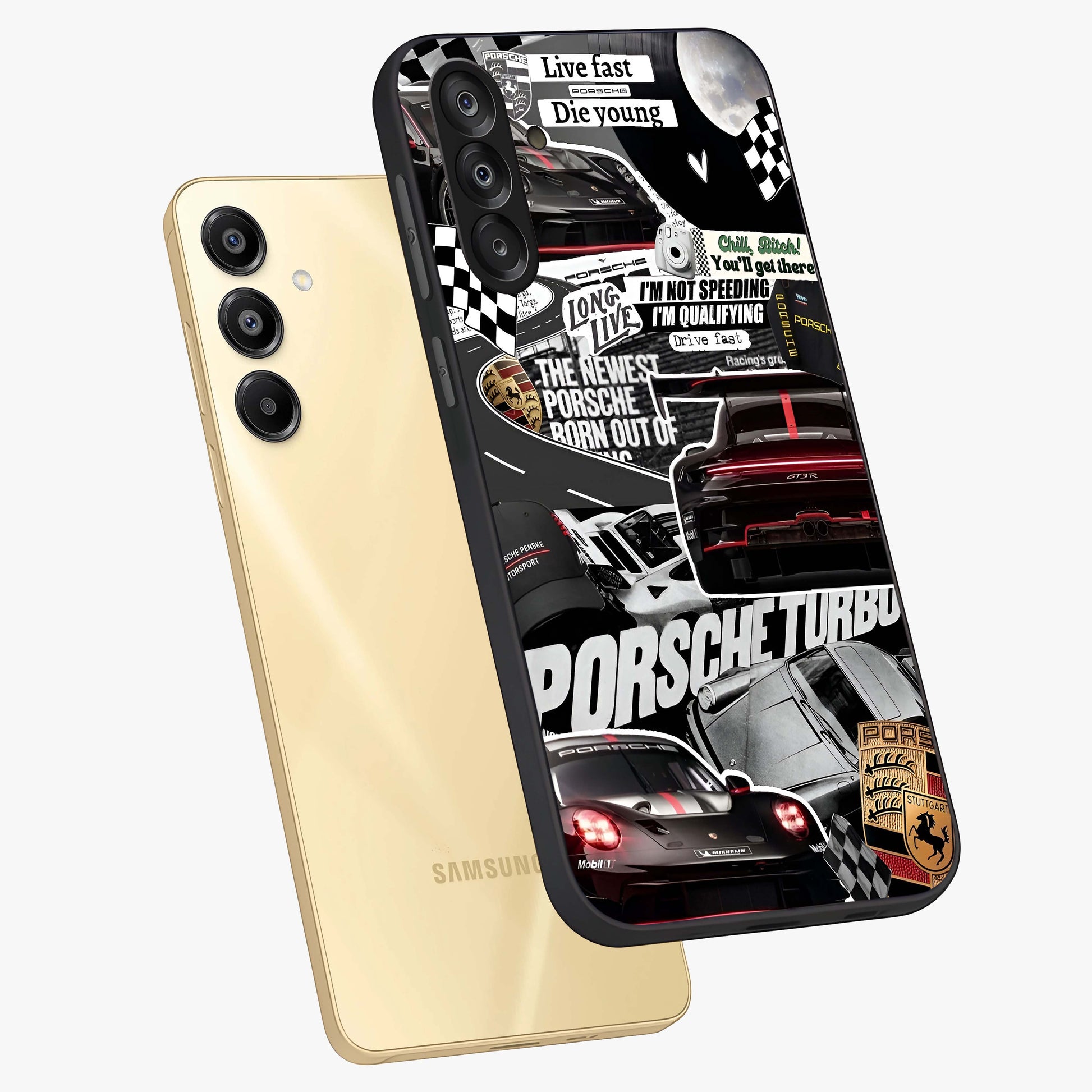 Porsche Racing Collage Glass Case displayed in angled mockup highlighting dynamic automotive design with bold racing aesthetic.