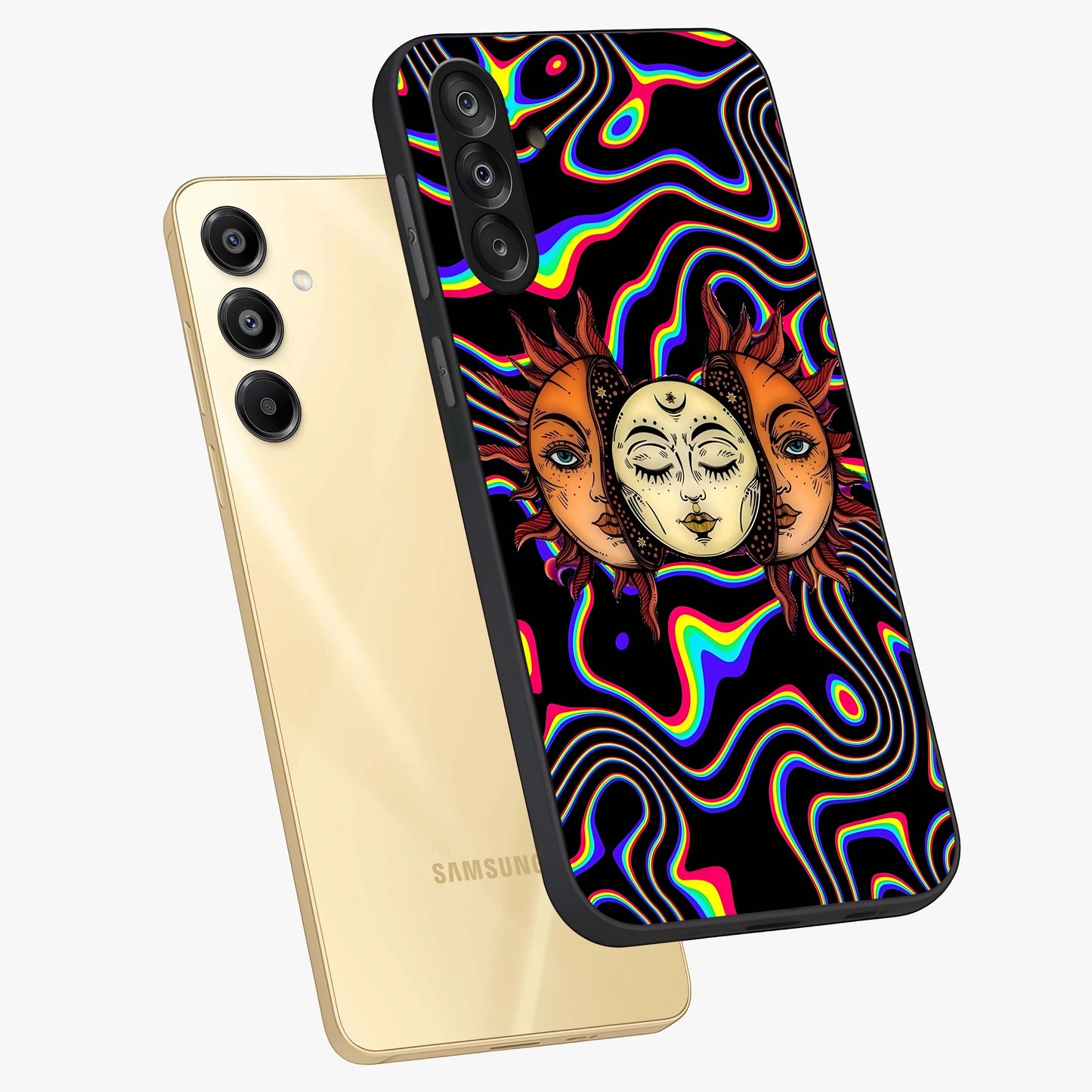 Psychedelic Sun Glass Case displayed in angled mockup highlighting vibrant abstract sun design with artistic aesthetic style.