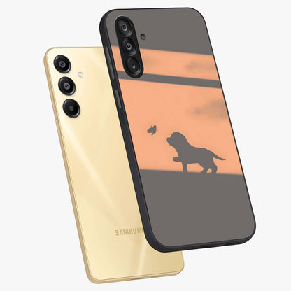Puppy Shadow Art Glass Case displayed in angled mockup highlighting playful dog illustration with artistic shadow aesthetic.