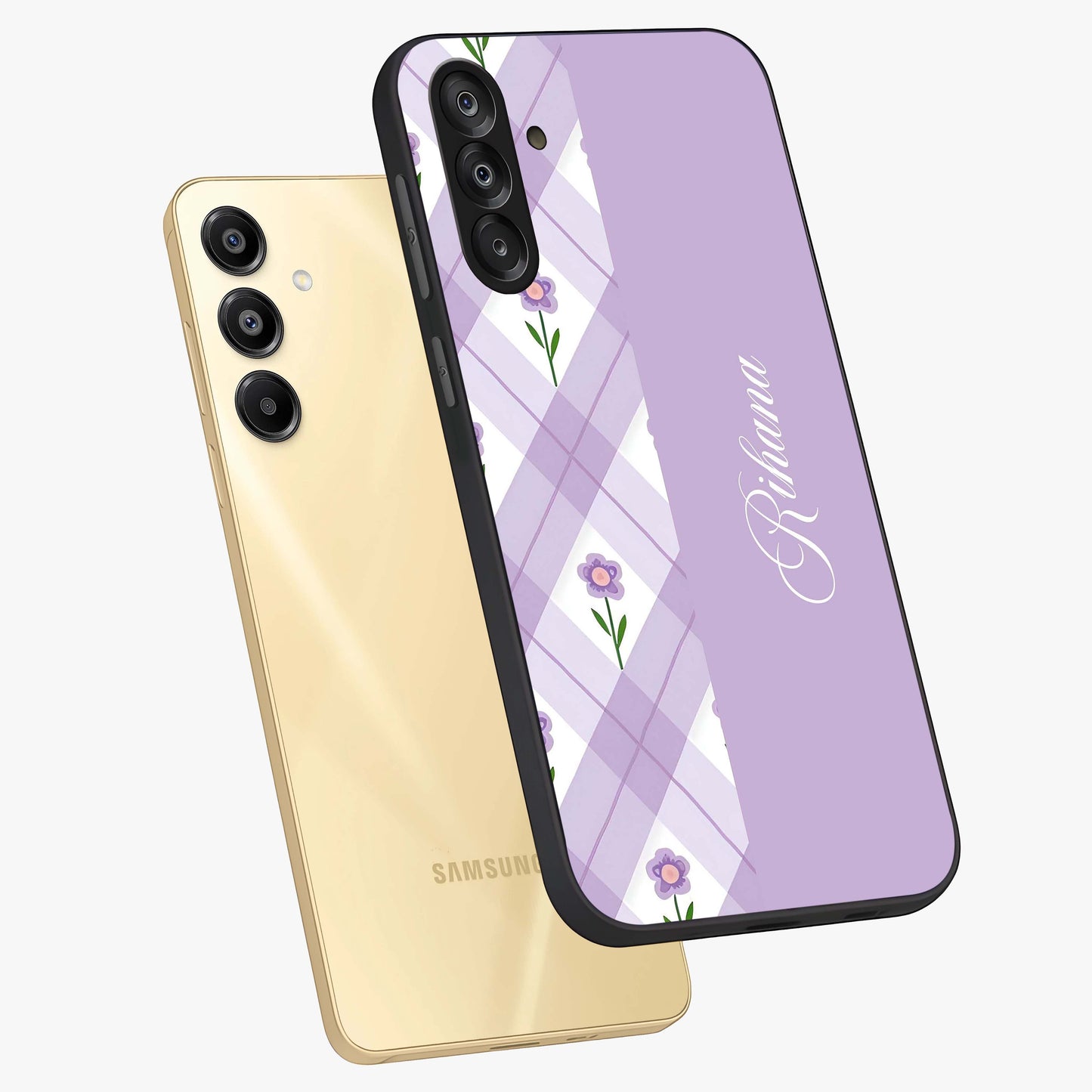 Purple Diamond Floral Glass Case displayed in angled mockup highlighting elegant purple flower design with decorative pattern.