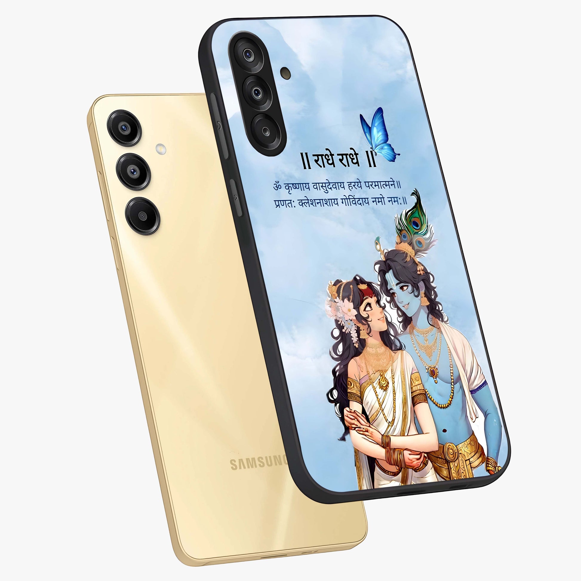 Radha Krishna Eternal Glass Case displayed in angled mockup highlighting divine Radha Krishna illustration with spiritual aesthetic.