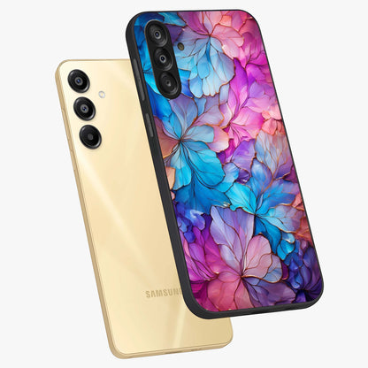 Radiant Floral Whirl Glass Case displayed in angled mockup highlighting vibrant flower pattern with dynamic artistic aesthetic.
