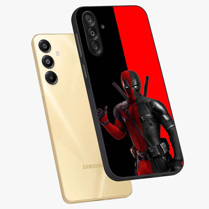 Red & Black Deadpool Theme Glass Case displayed in angled mockup highlighting vibrant superhero style illustration with action aesthetic.