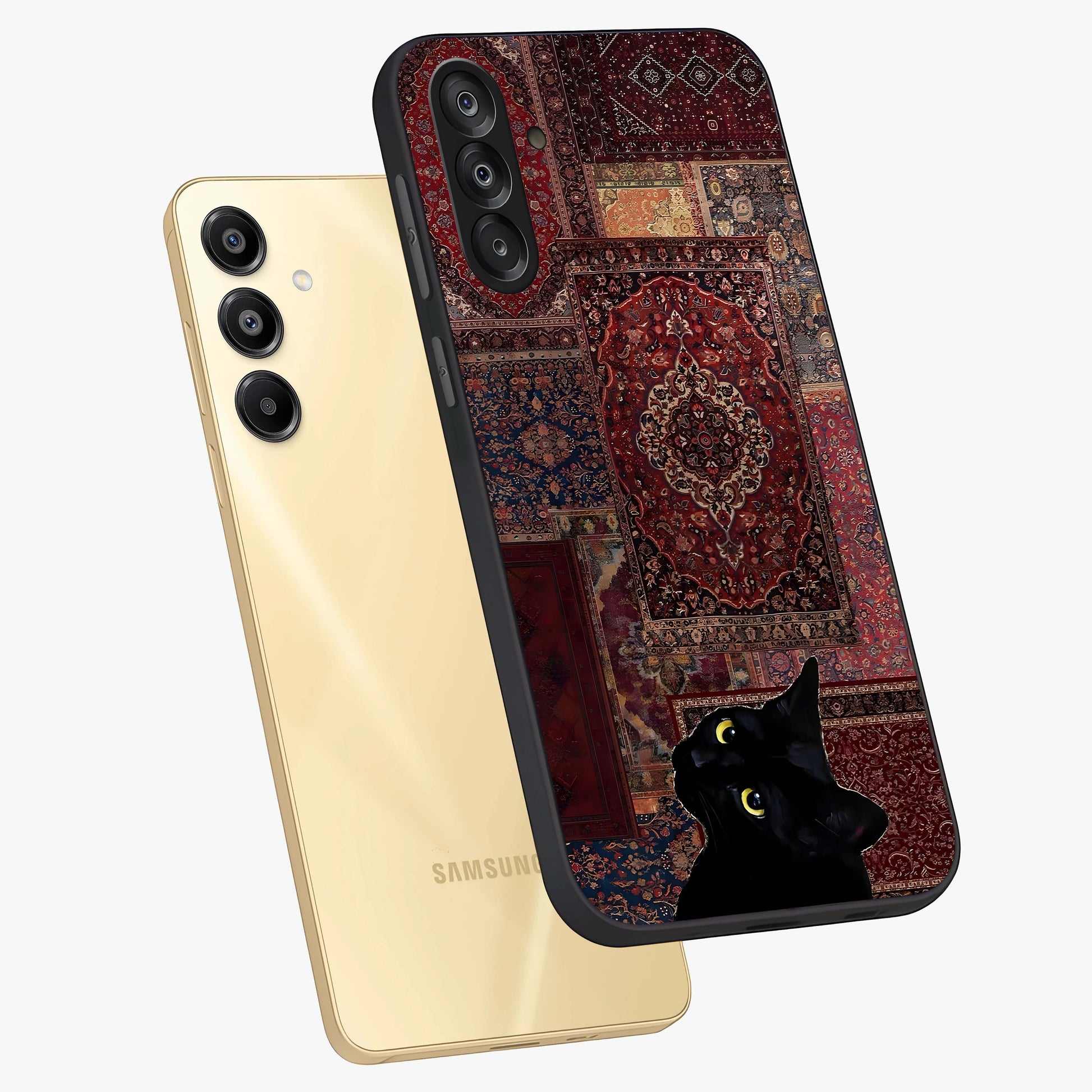 Regal Magic Cat Apple Glass Case displayed in angled mockup highlighting whimsical feline design with fantasy aesthetic.