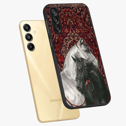 Regal Stallion Tapestry Glass Case displayed in angled mockup highlighting royal stallion design with decorative heritage aesthetic.