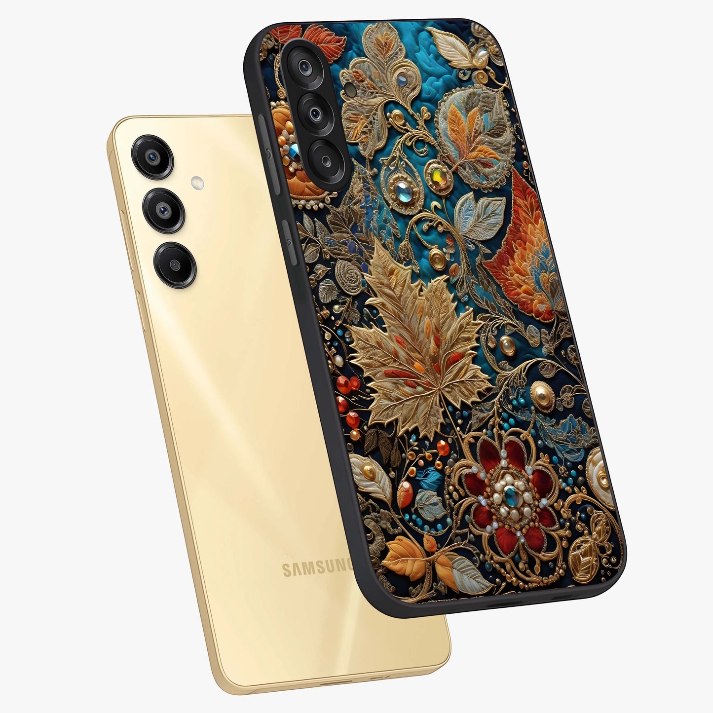 Royal Jewel Garden Glass Case displayed in angled mockup highlighting vibrant jewel inspired floral design with elegant aesthetic.