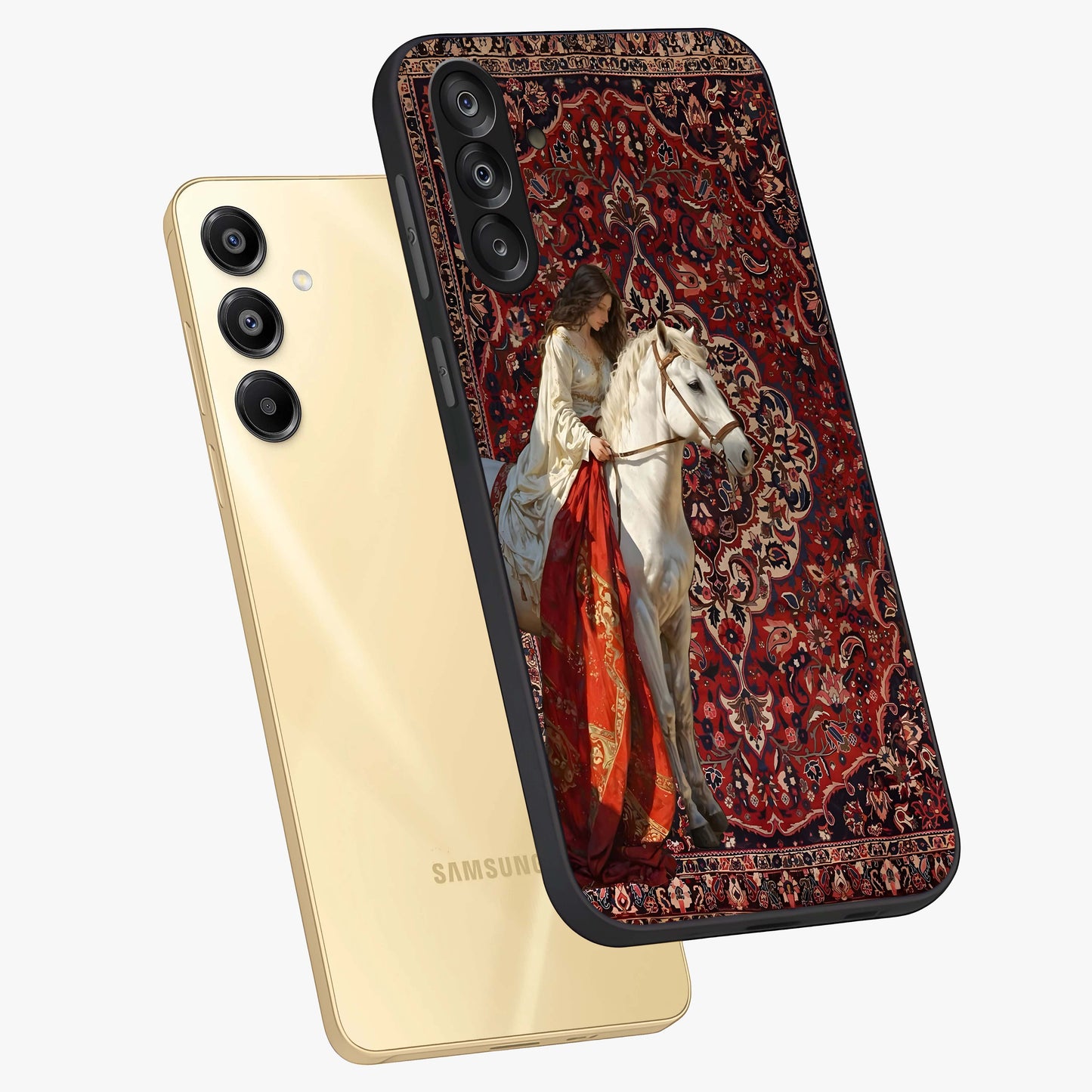 Royal Rider Tapestry Glass Case displayed in angled mockup highlighting traditional tapestry design with royal heritage aesthetic.