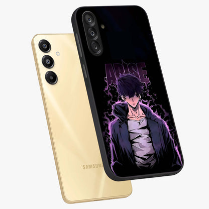 Shadow Monarch Awakening Glass Case displayed in angled mockup highlighting dramatic shadow warrior design with fantasy aesthetic.