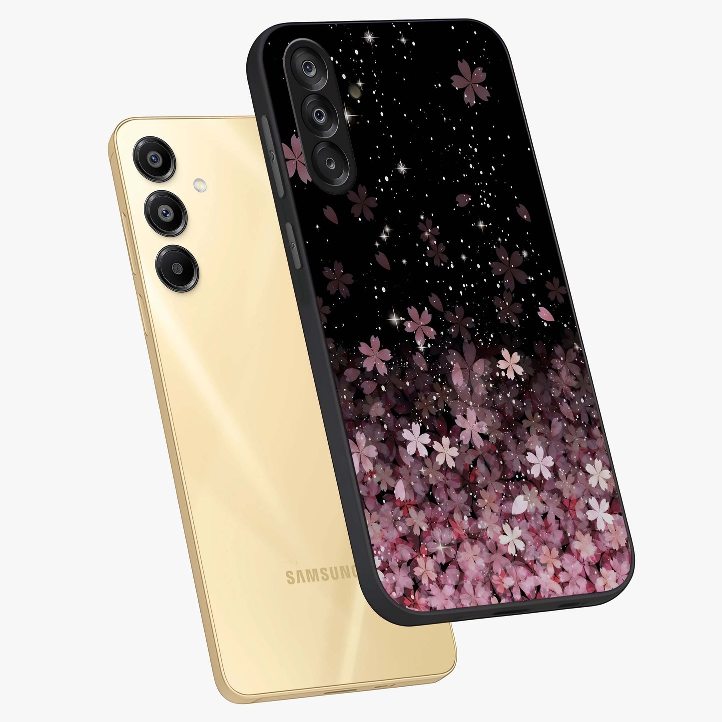 Small Starry Flowers Glass Case displayed in angled mockup highlighting tiny flower pattern with celestial aesthetic style.
