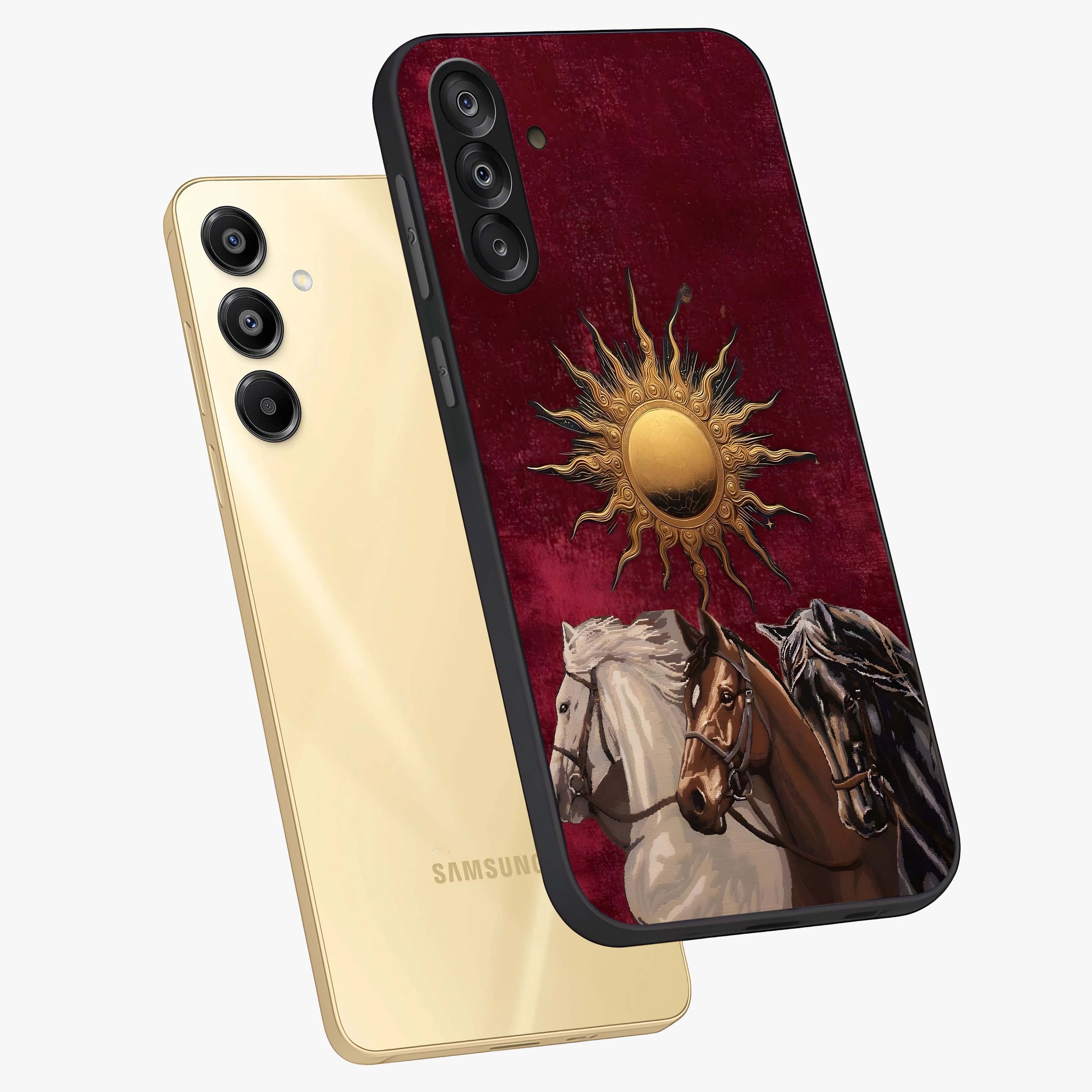 Solar Riders Glass Case displayed in angled mockup highlighting powerful rider illustration with radiant solar aesthetic.