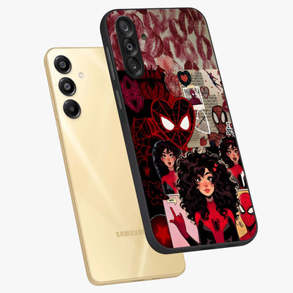 Spider Love Story Glass Case displayed in angled mockup highlighting expressive comic inspired design with playful aesthetic.