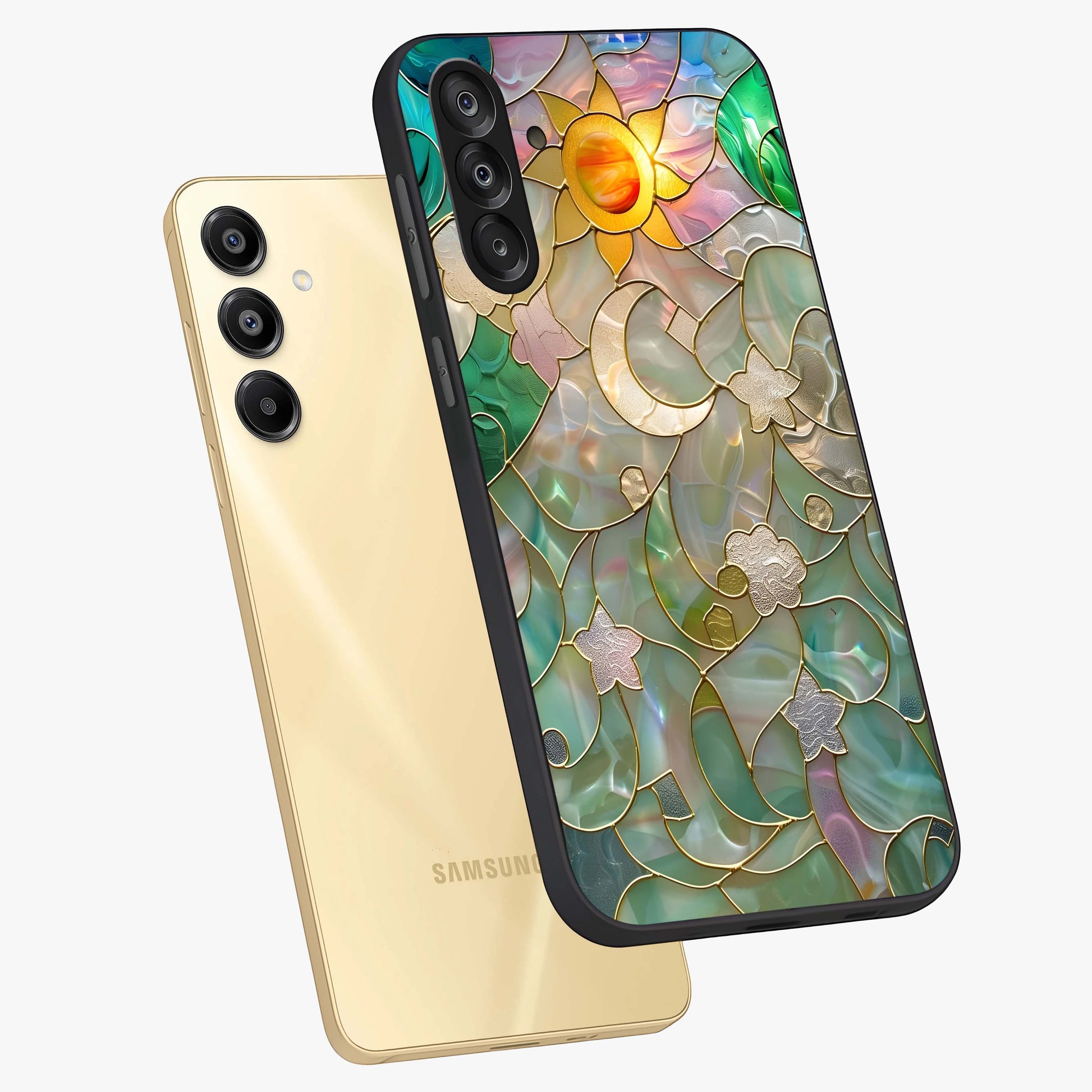 Stained Sunrise Glow Glass Case displayed in angled mockup highlighting radiant sunrise design with artistic aesthetic style.
