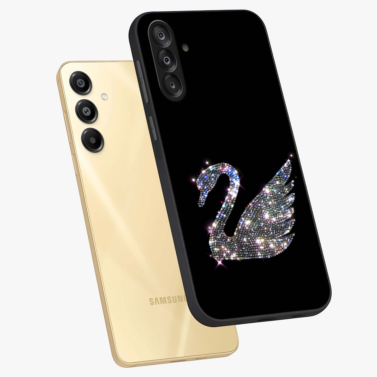 Starlit Swan Grace Glass Case displayed in angled mockup highlighting elegant swan illustration with dreamy celestial aesthetic.