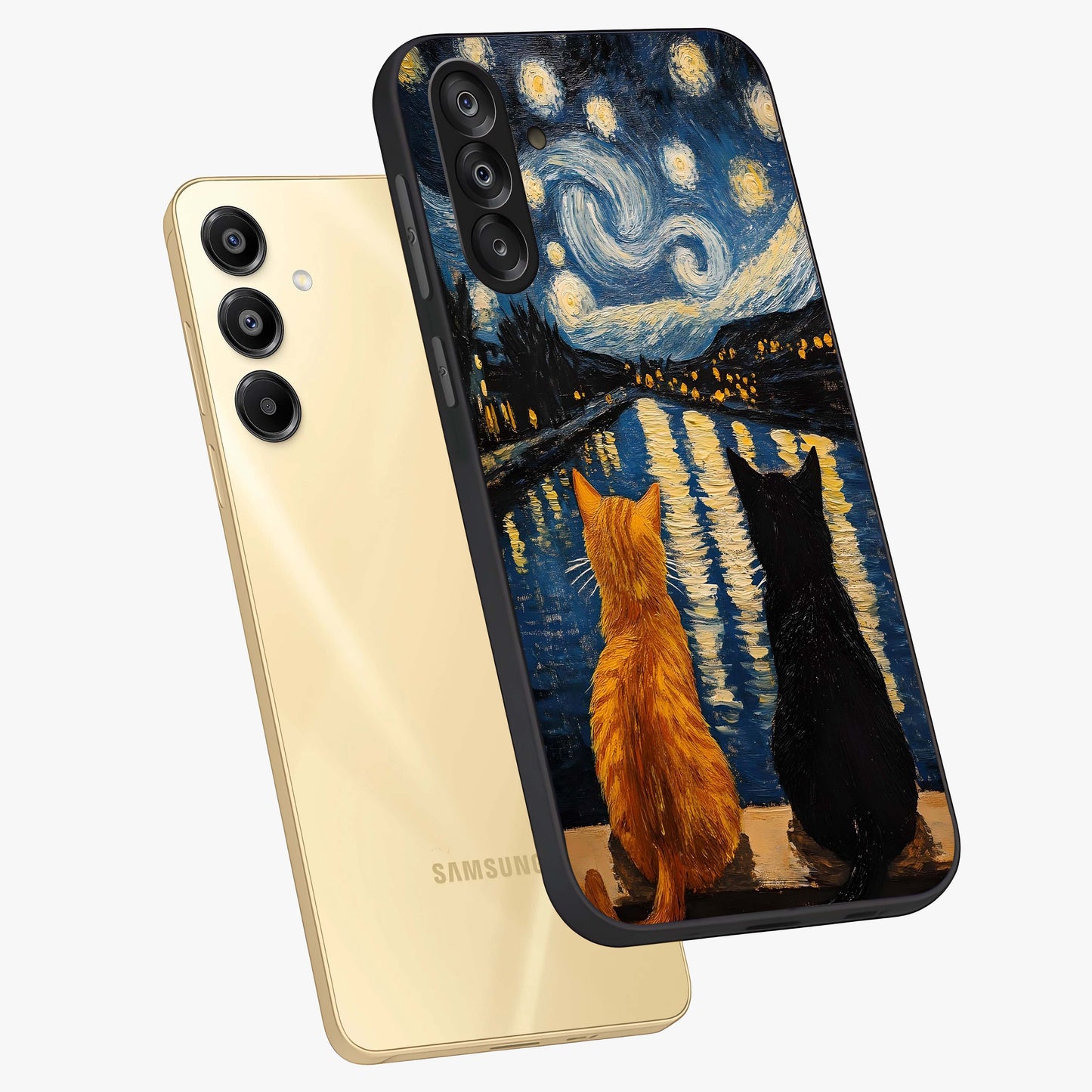 Starry River Cats Glass Case displayed in angled mockup highlighting charming feline illustration with dreamy night aesthetic.