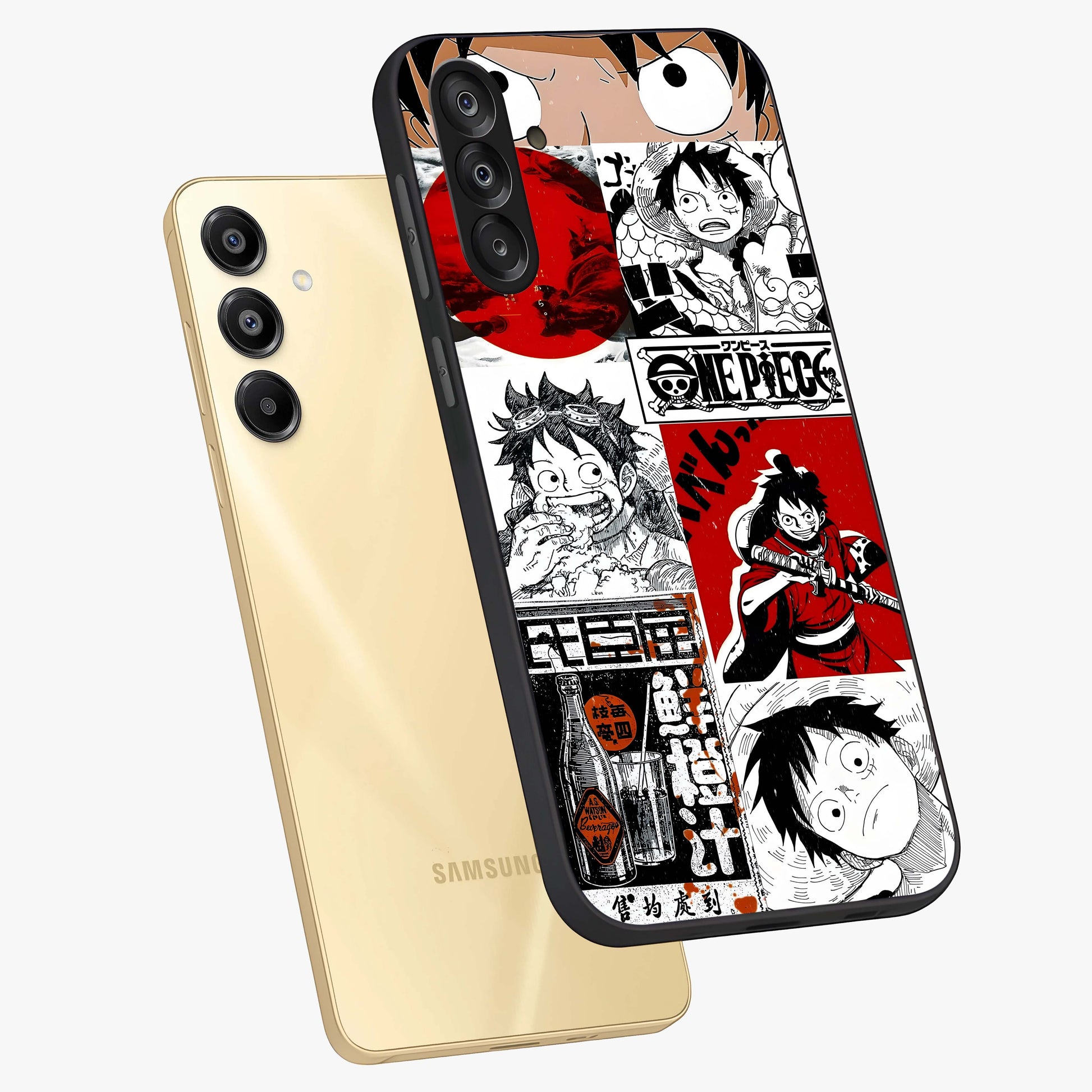 Strawhat Chaos Panels Glass Case displayed in angled mockup highlighting vibrant anime collage design with action aesthetic.