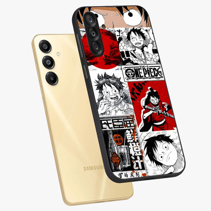 Strawhat Chaos Panels Glass Case displayed in angled mockup highlighting vibrant anime collage design with action aesthetic.