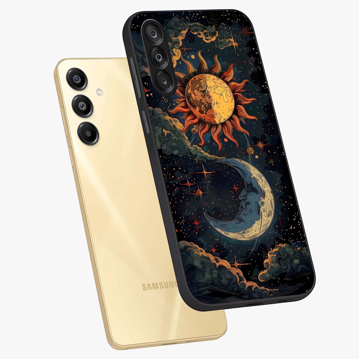 Sun And Moon Magic Design Glass Case displayed in angled mockup highlighting celestial design with magical cosmic aesthetic.