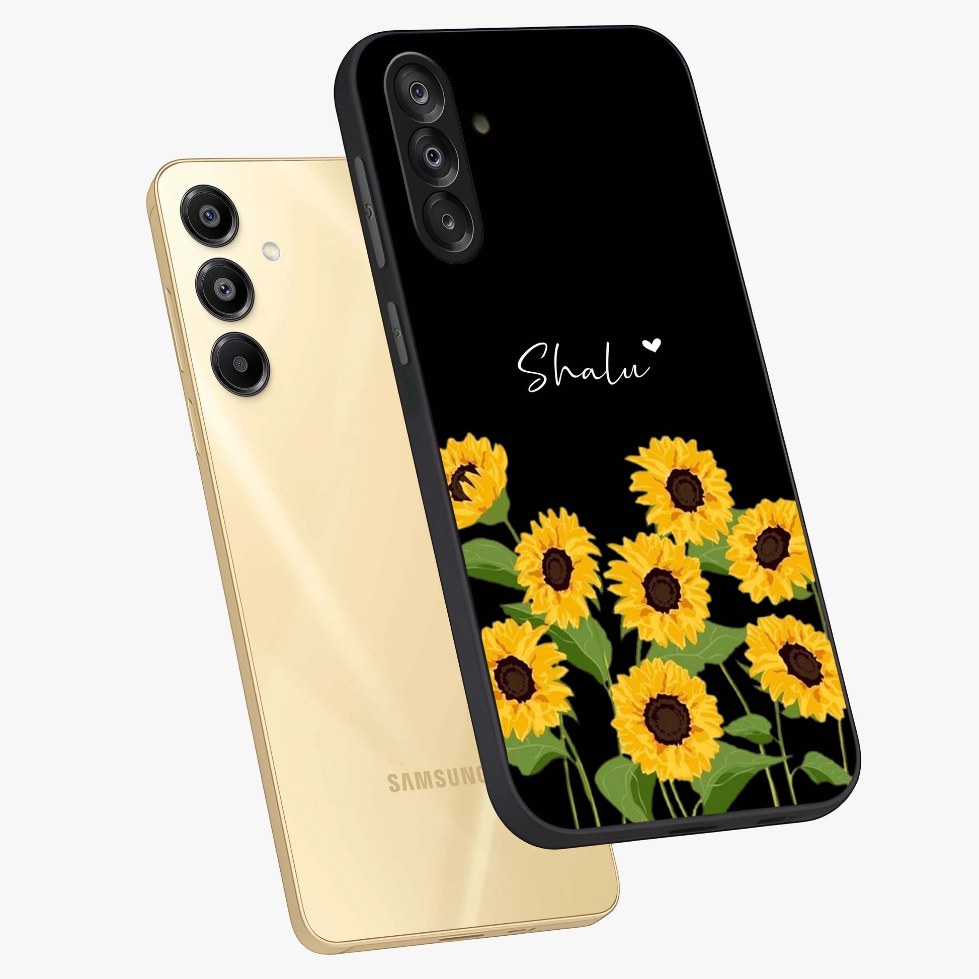 Sunflower Chic Mood Custom Name Glass Case displayed in angled mockup highlighting vibrant sunflower design with custom name feature.
