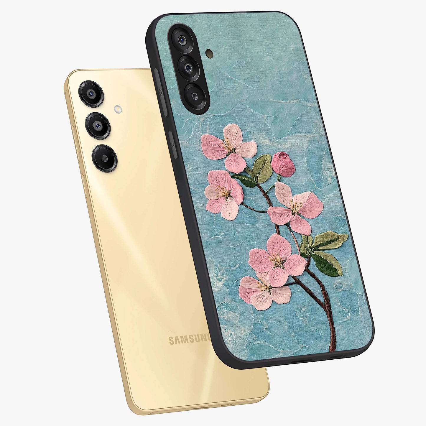 Threaded Blossom Breeze Glass Case displayed in angled mockup highlighting elegant floral design with soft aesthetic style.