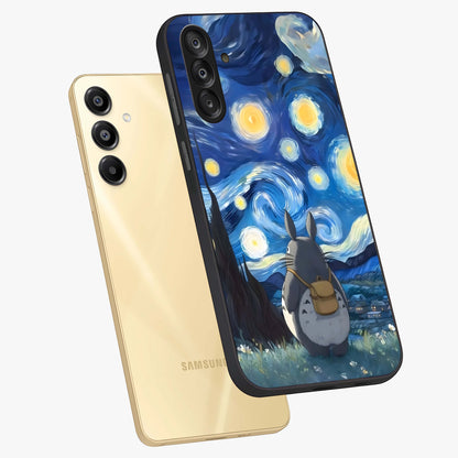Totoro In Van Gogh Art Glass Case displayed in angled mockup highlighting artistic swirling sky design with playful animation aesthetic.