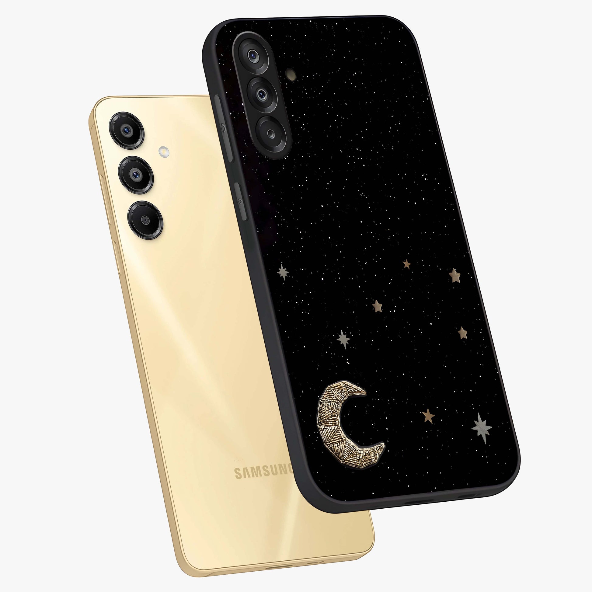 Twinkle Star With Half Moon Glass Case displayed in angled mockup highlighting celestial moon and star design with magical aesthetic.
