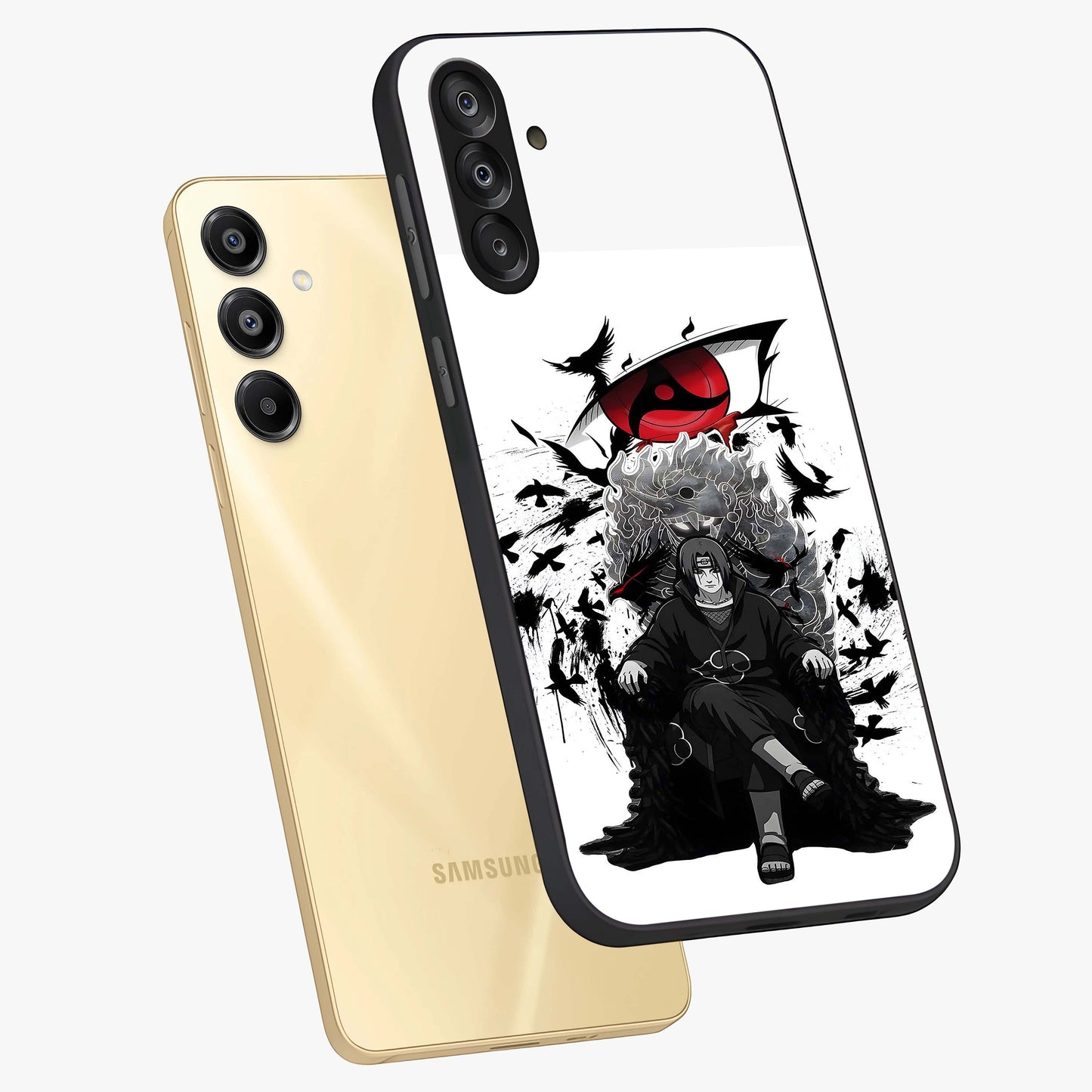Uchiha Shadow Throne Glass Case displayed in angled mockup highlighting glowing aquatic design with celestial aesthetic.