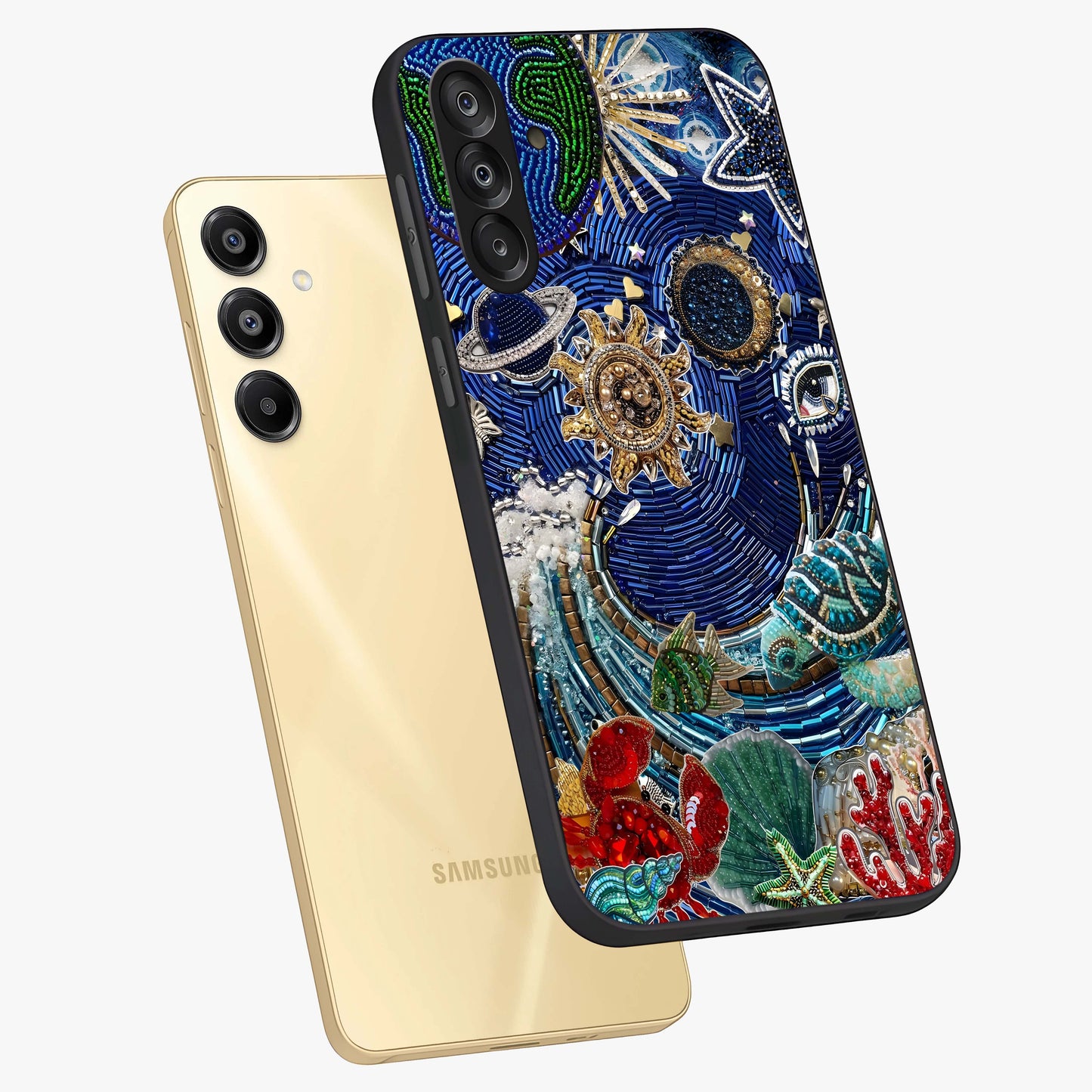 Universe Underwater Spark Glass Case displayed in angled mockup highlighting glowing aquatic design with celestial aesthetic.