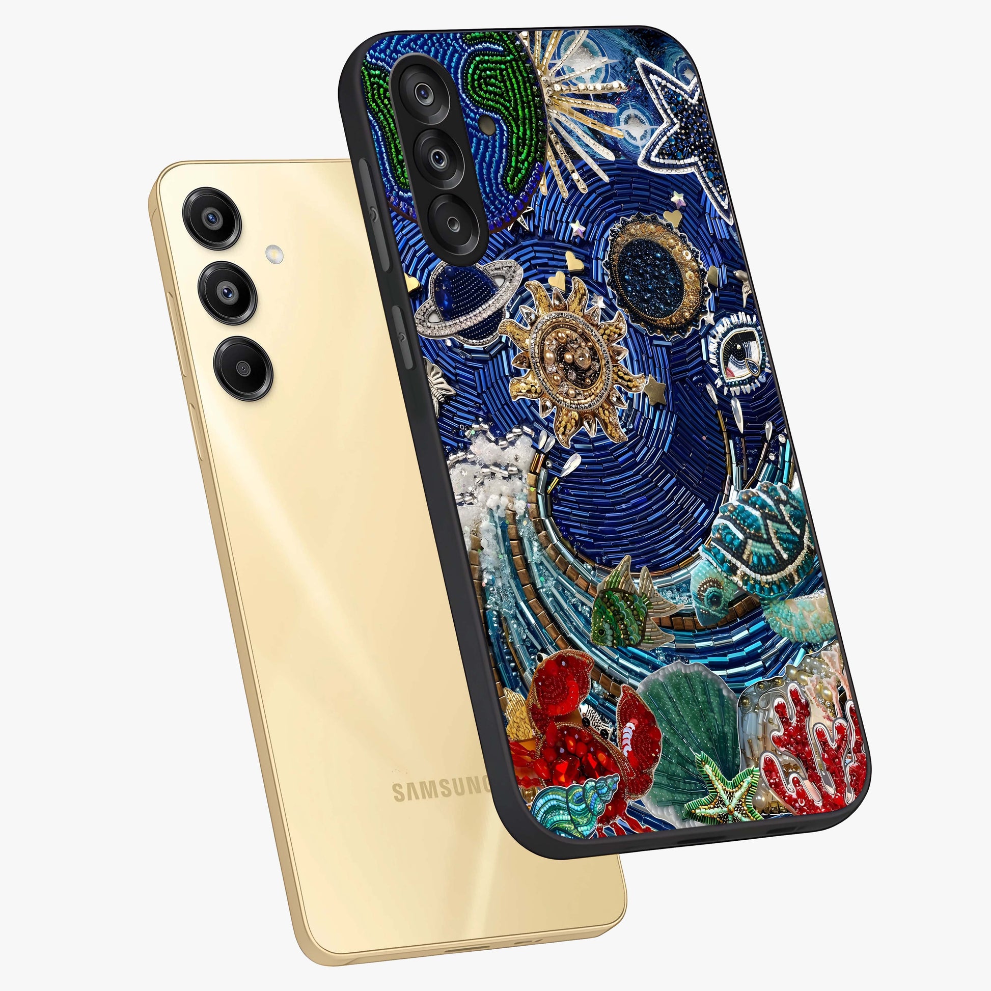 Universe Underwater Spark Glass Case displayed in angled mockup highlighting glowing aquatic design with celestial aesthetic.