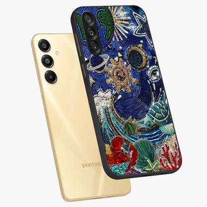 Universe Underwater Spark Glass Case displayed in angled mockup highlighting glowing aquatic design with celestial aesthetic.