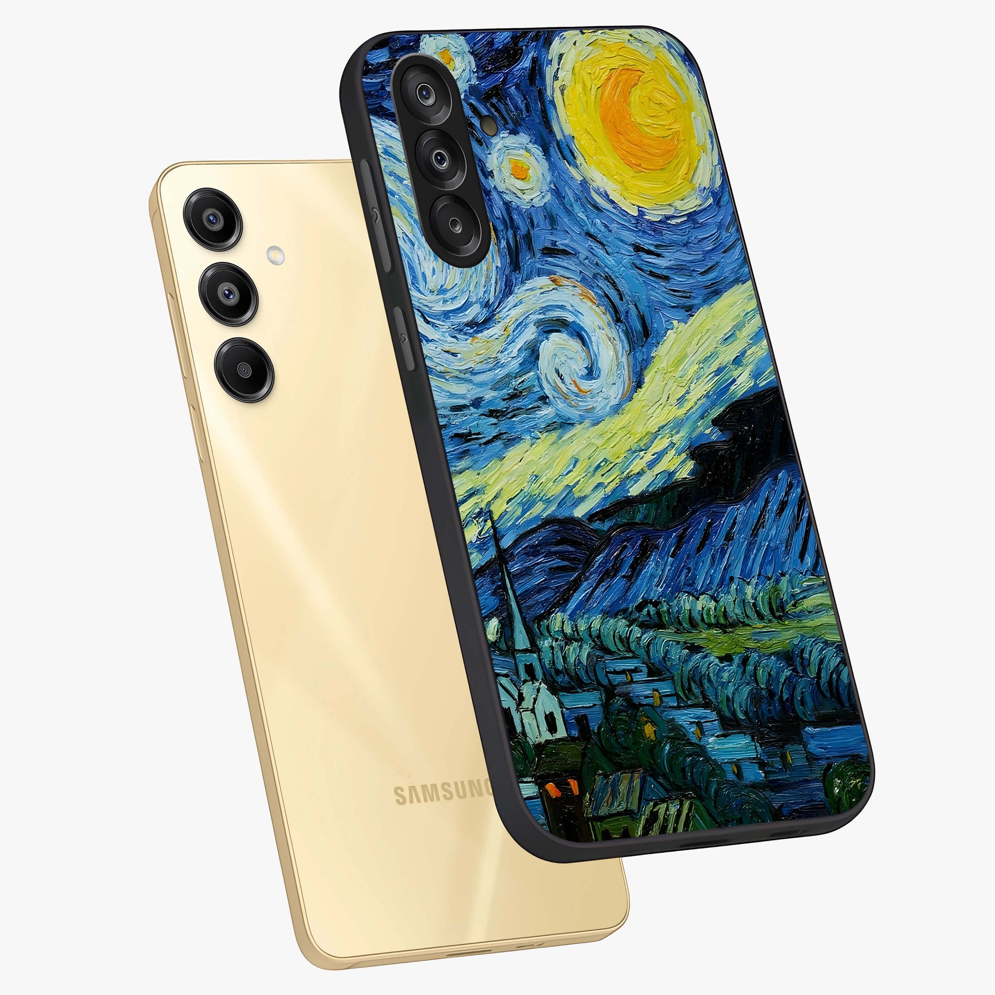 Van Gogh Art Glass Case displayed in angled mockup highlighting swirling brushstroke design with artistic aesthetic.