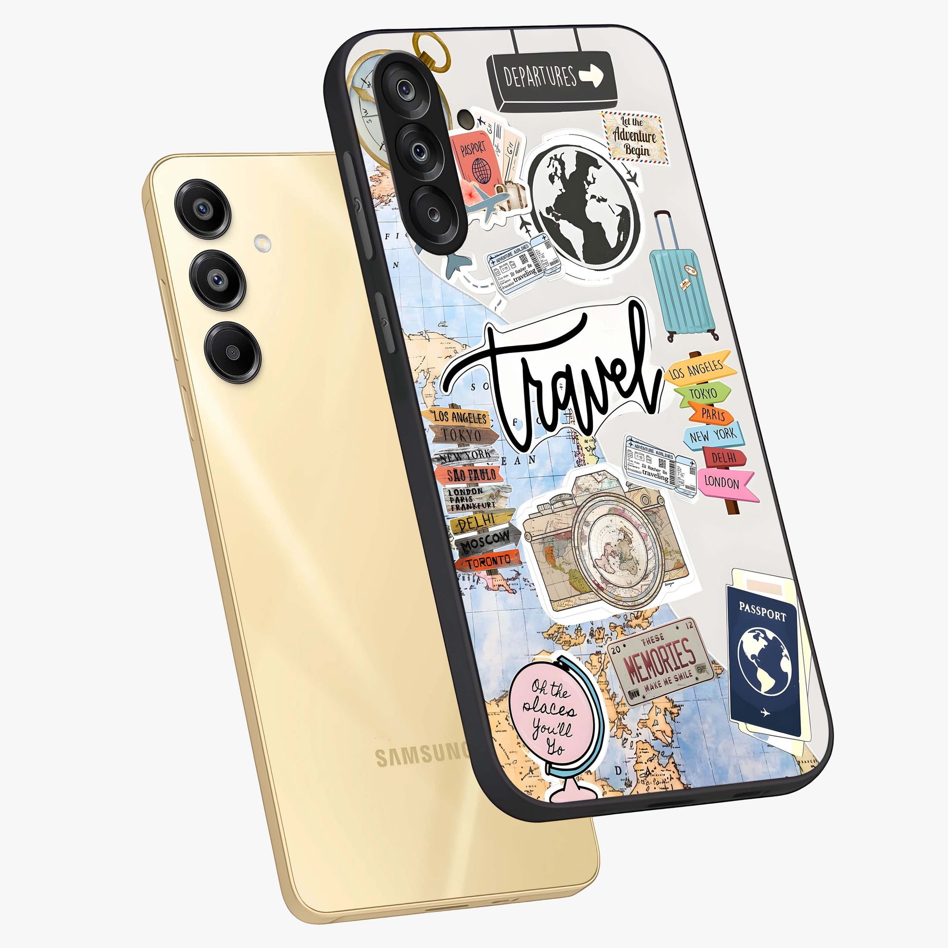 Wanderlust Journal Glass Case displayed in angled mockup highlighting adventure themed design with aesthetic travel vibe.