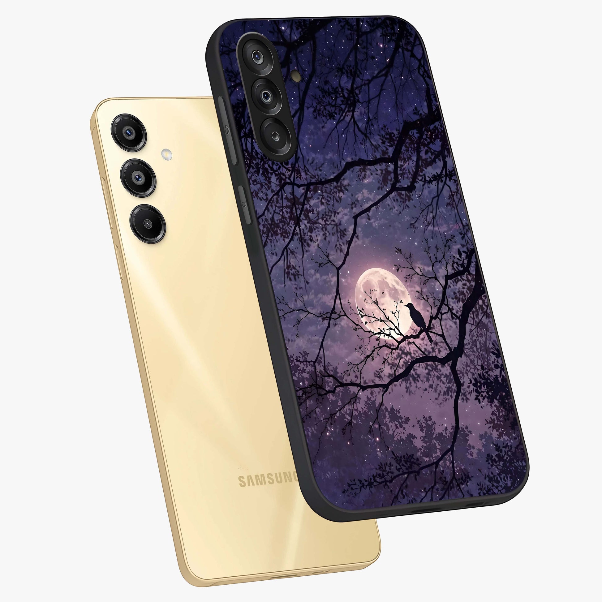 Whispering Moon Silence Glass Case displayed in angled mockup highlighting calm lunar design with dreamy night aesthetic.