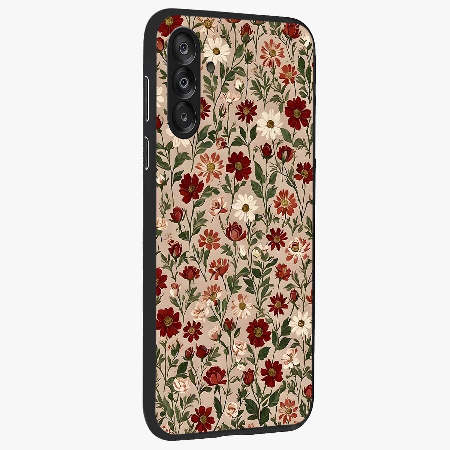 Biege Flower With Leaf Glass Case upright view showcasing delicate beige flower illustration with clean botanical style.
